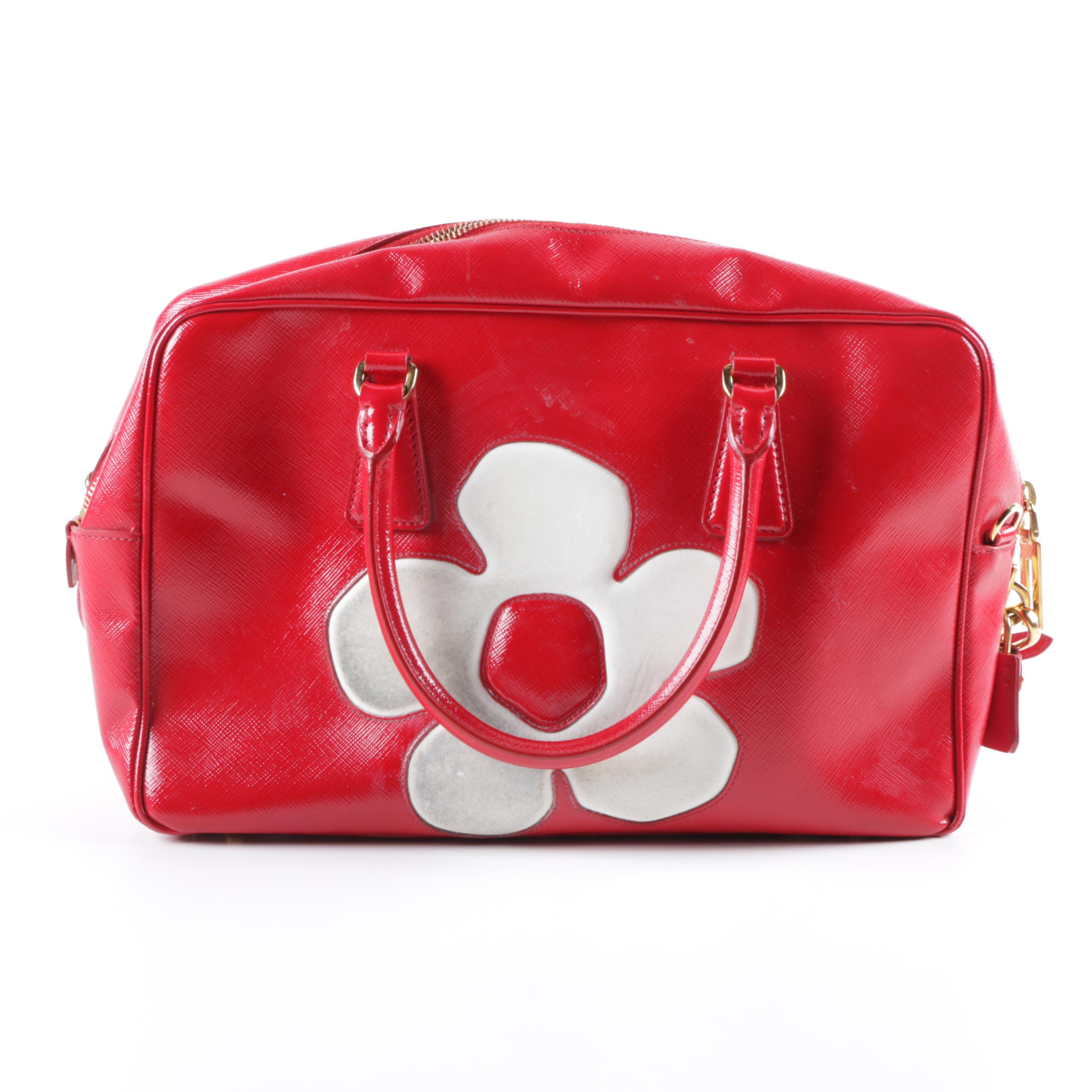 Prada Red Vernice Flower Saffiano Leather Handbag and Patent Leather Wrislet
