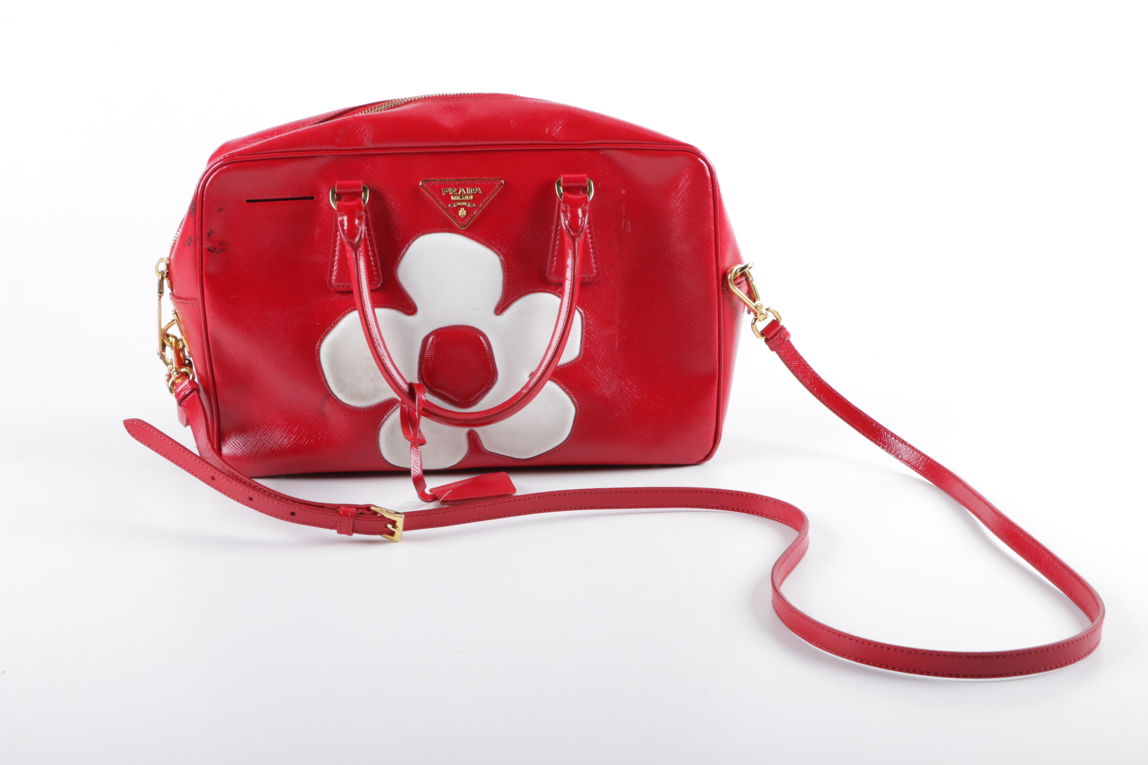 Prada Red Vernice Flower Saffiano Leather Handbag and Patent Leather Wrislet