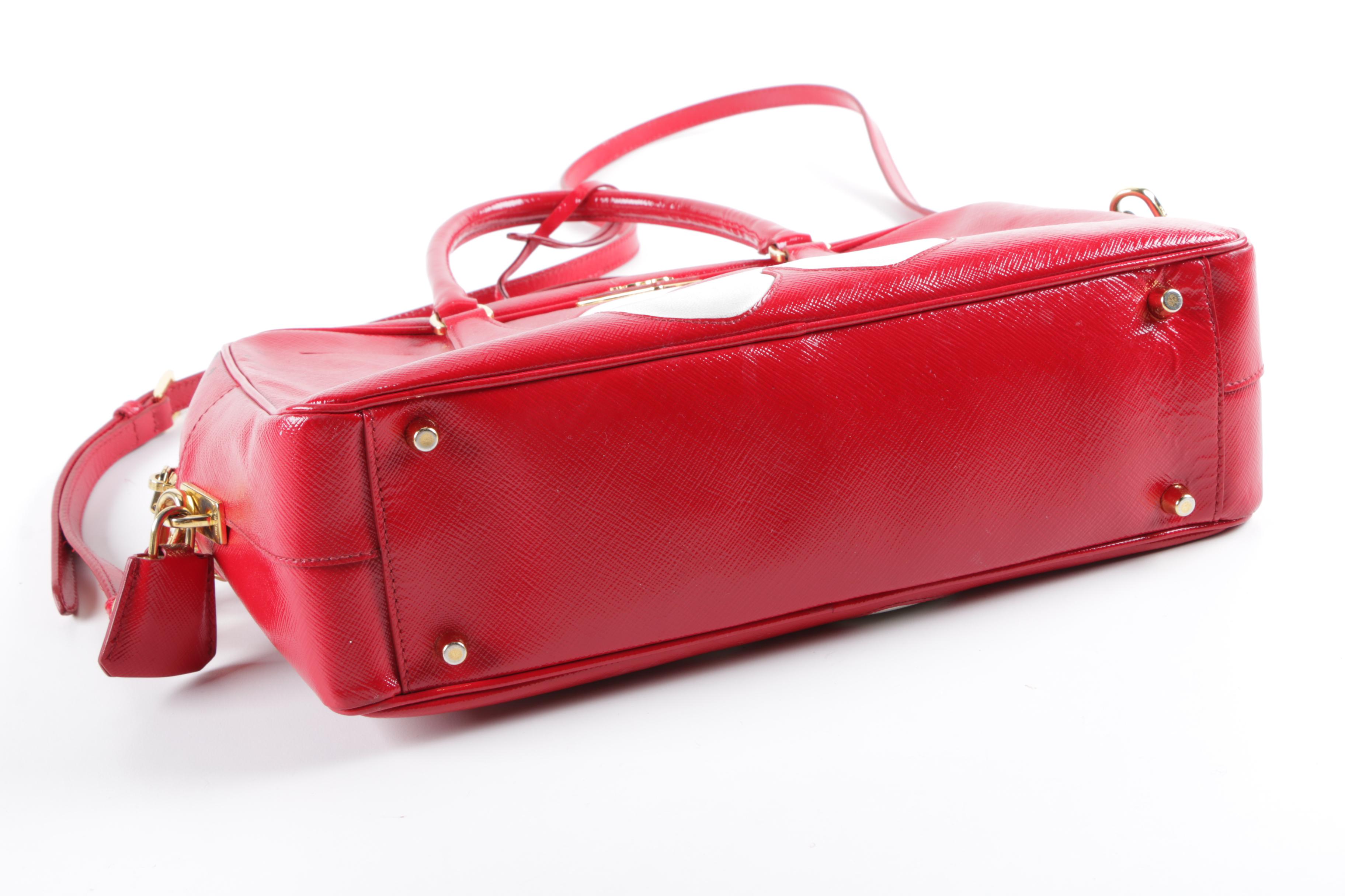 Prada Red Vernice Flower Saffiano Leather Handbag and Patent Leather Wrislet