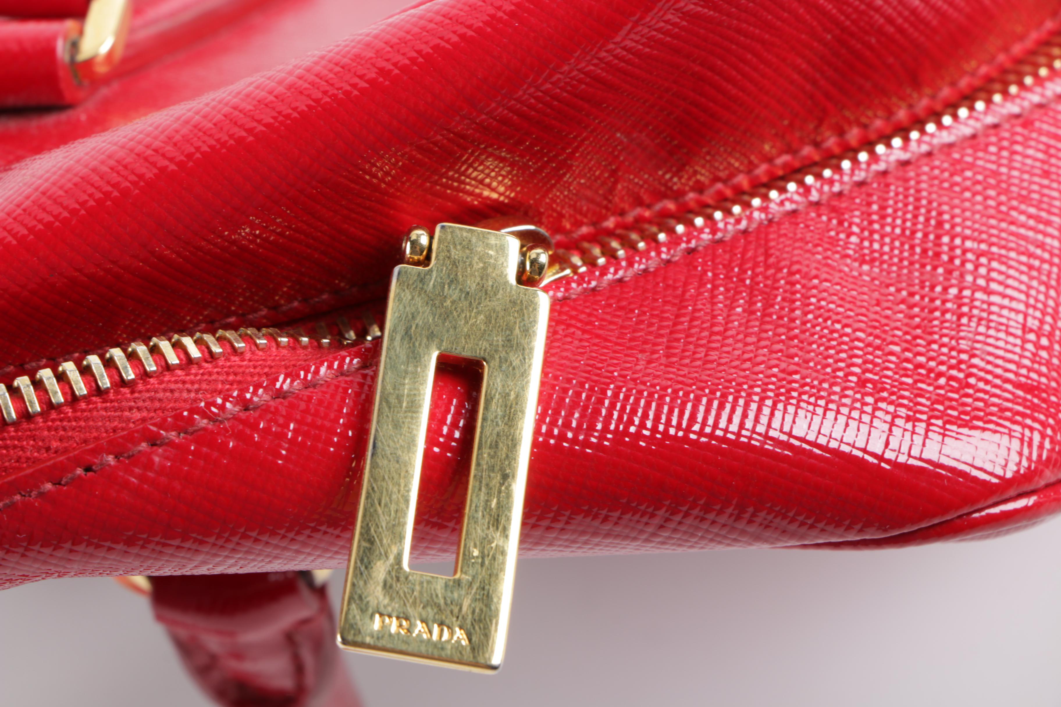 Prada Red Vernice Flower Saffiano Leather Handbag and Patent Leather Wrislet