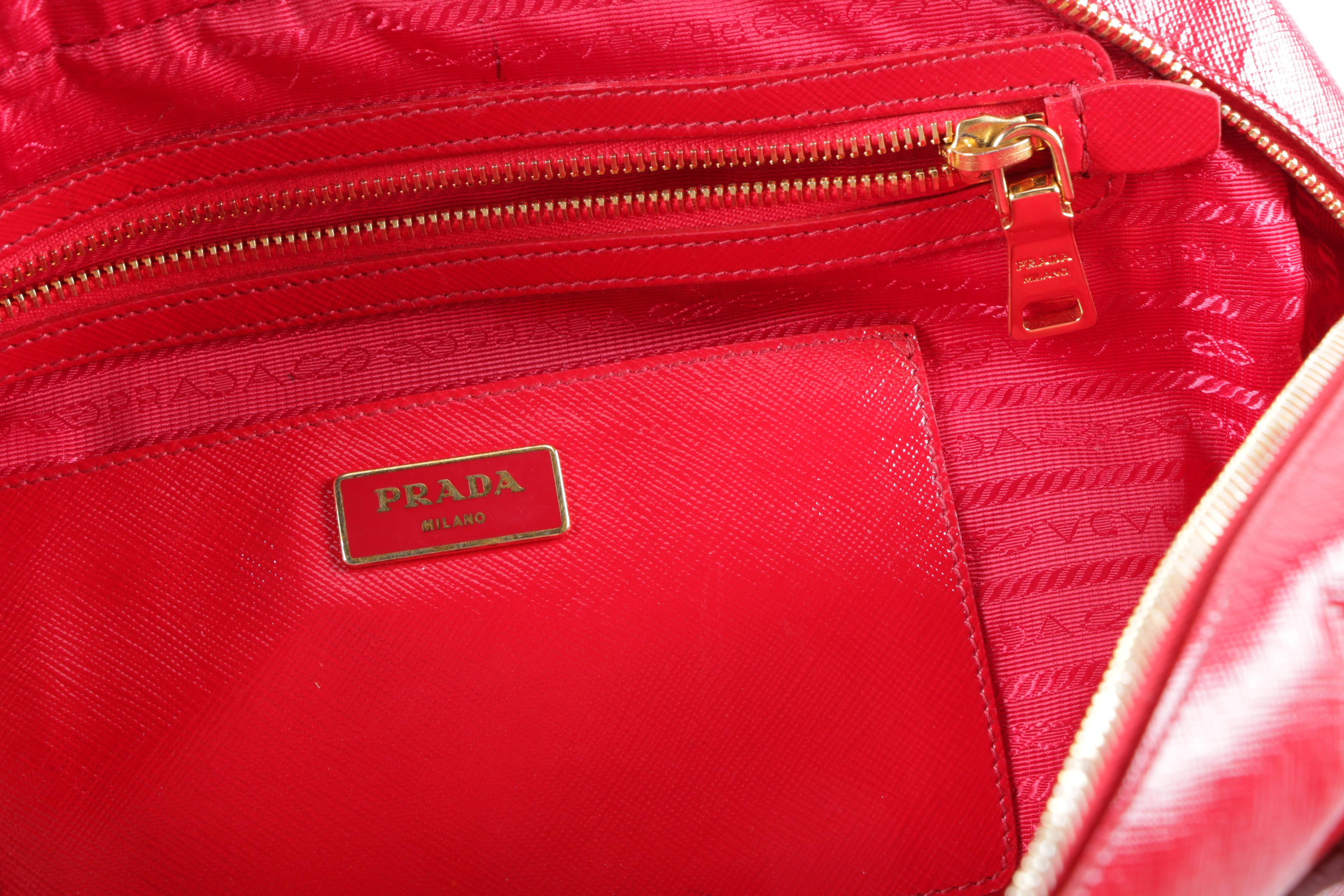 Prada Red Vernice Flower Saffiano Leather Handbag and Patent Leather Wrislet