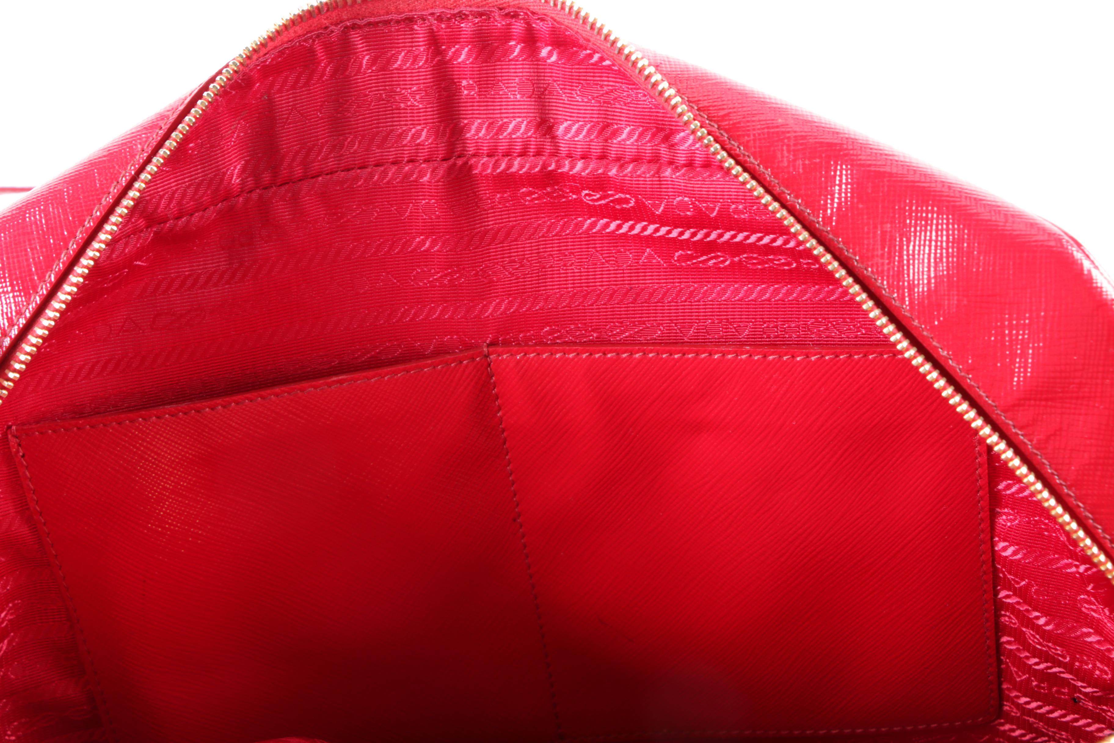 Prada Red Vernice Flower Saffiano Leather Handbag and Patent Leather Wrislet