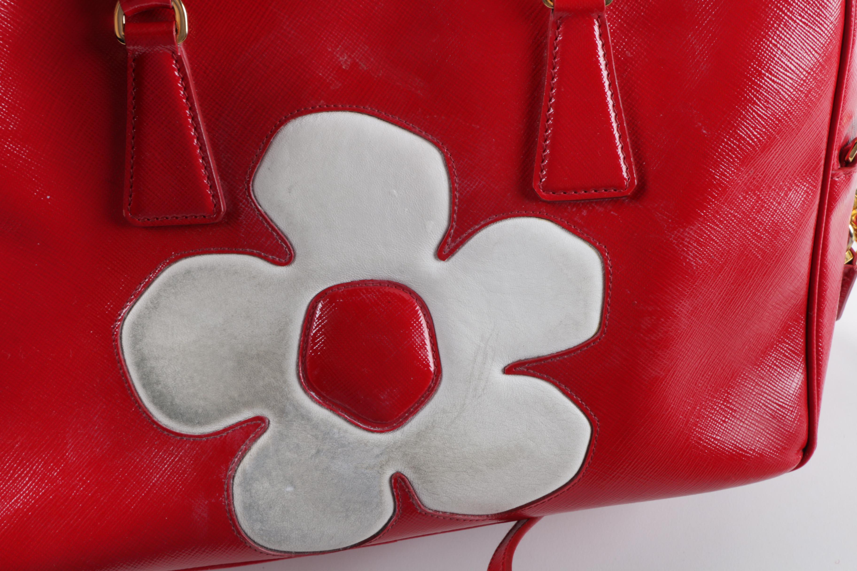 Prada Red Vernice Flower Saffiano Leather Handbag and Patent Leather Wrislet