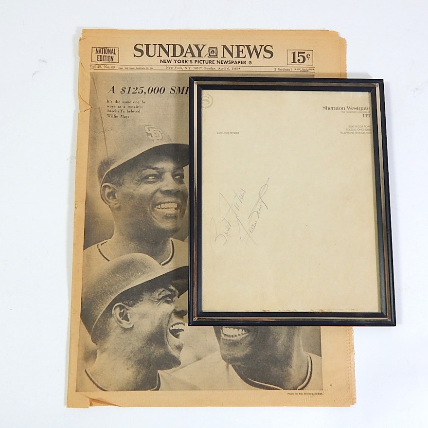 Framed Willie Mays Autograph and Newspaper Article