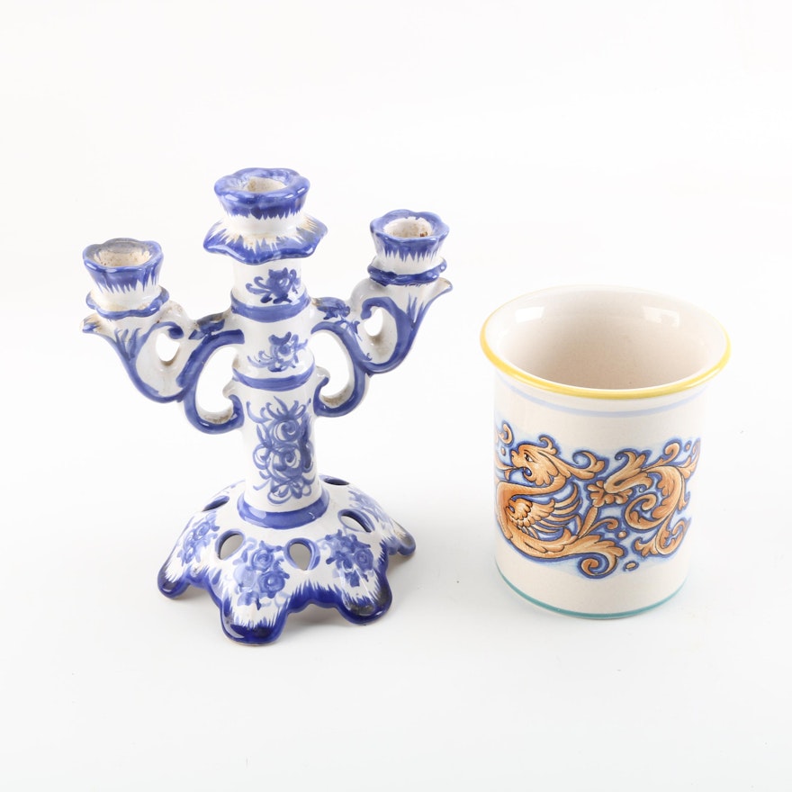 Hand-Painted Deruta Ceramiche Canister and Portugese Candelabra