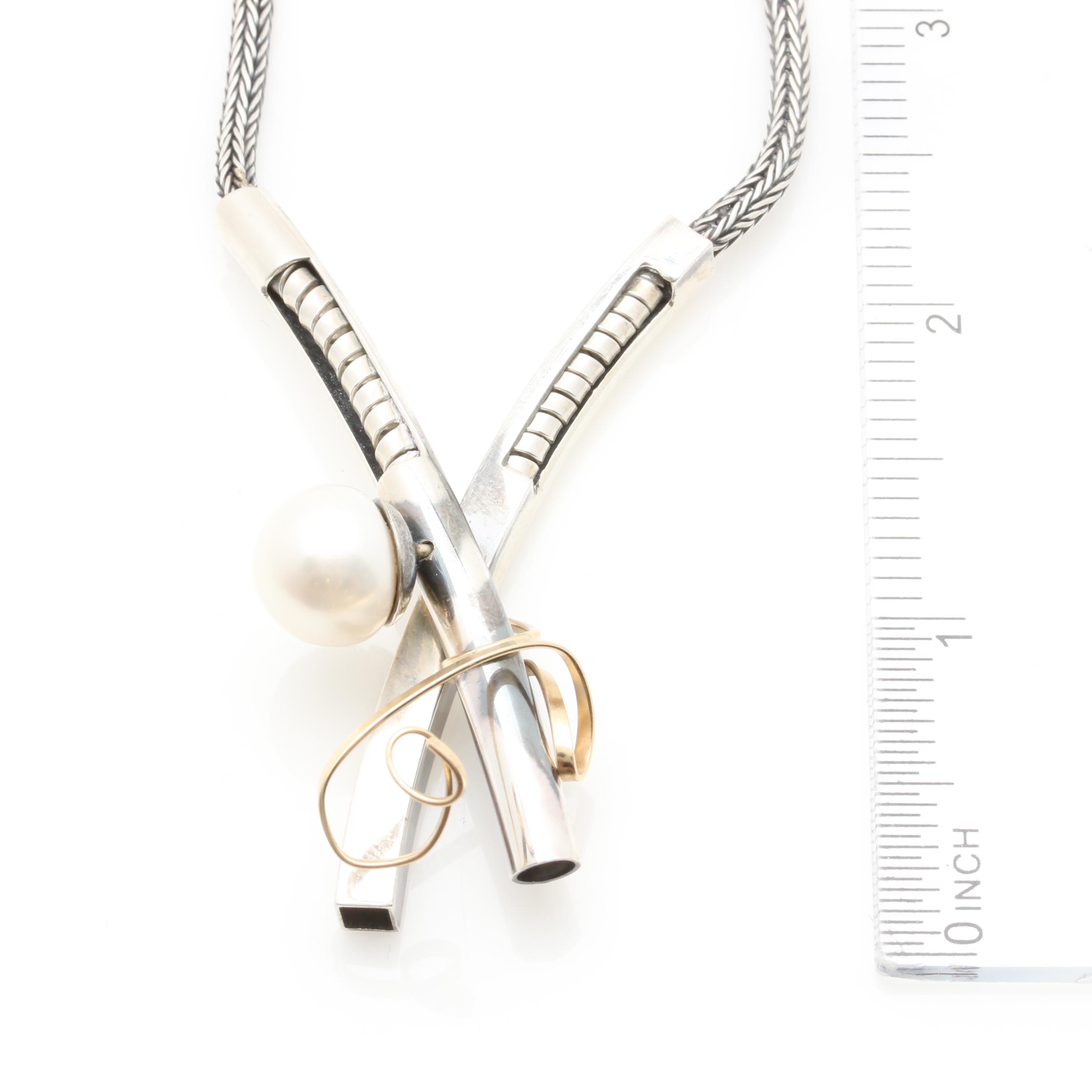 Sterling Silver and 14K Yellow Gold Cultured Pearl Necklace