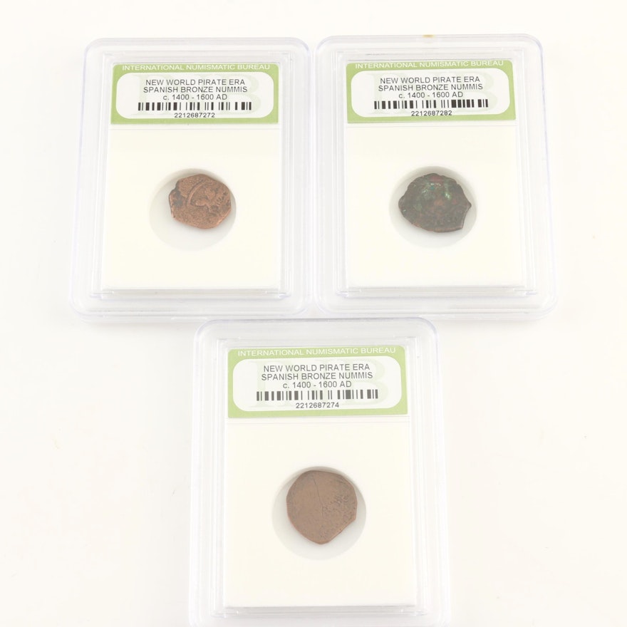 Three New World Pirate Era Spanish Bronze Nummis Coins
