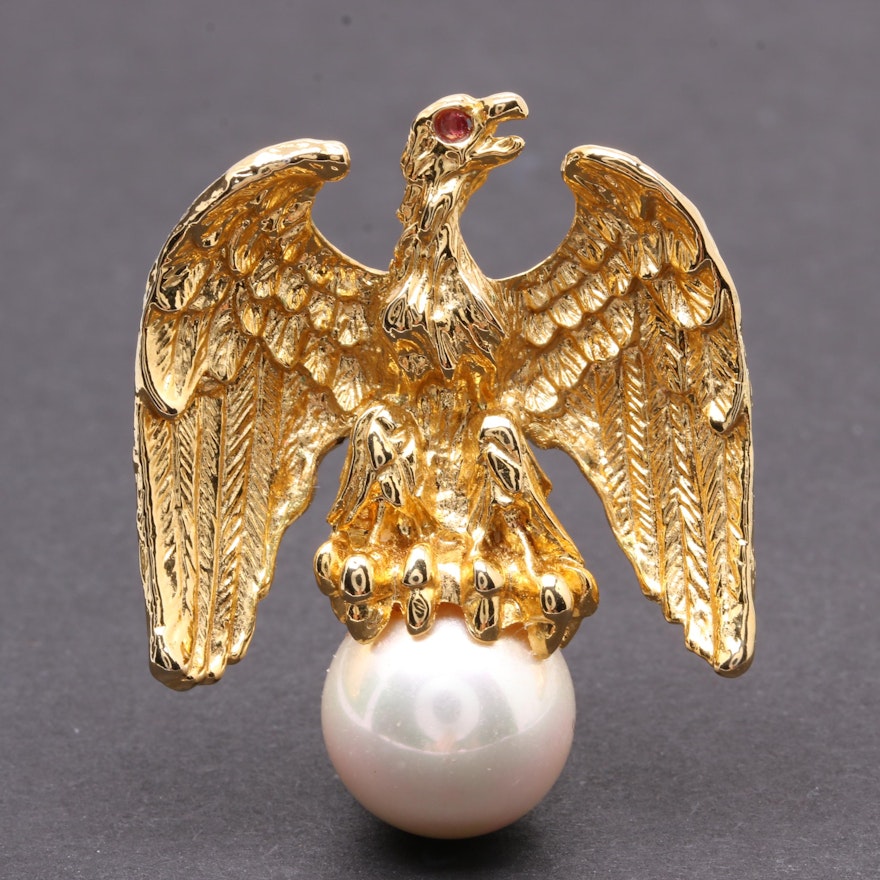 Ann Hand "Liberty Eagle" Ruby and Imitation Pearl Brooch