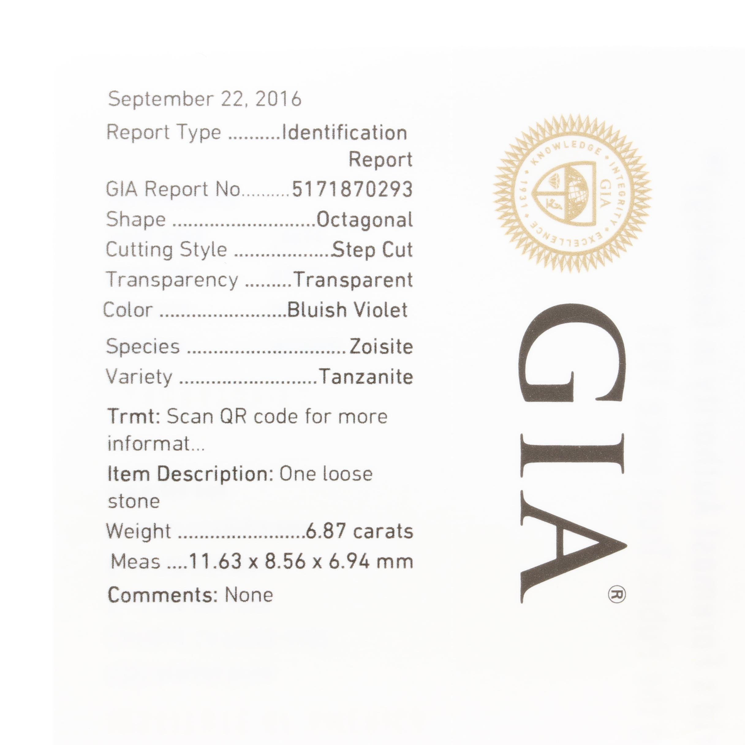 18K White Gold 6.87 CT Tanzanite and Diamond Ring With GIA Report