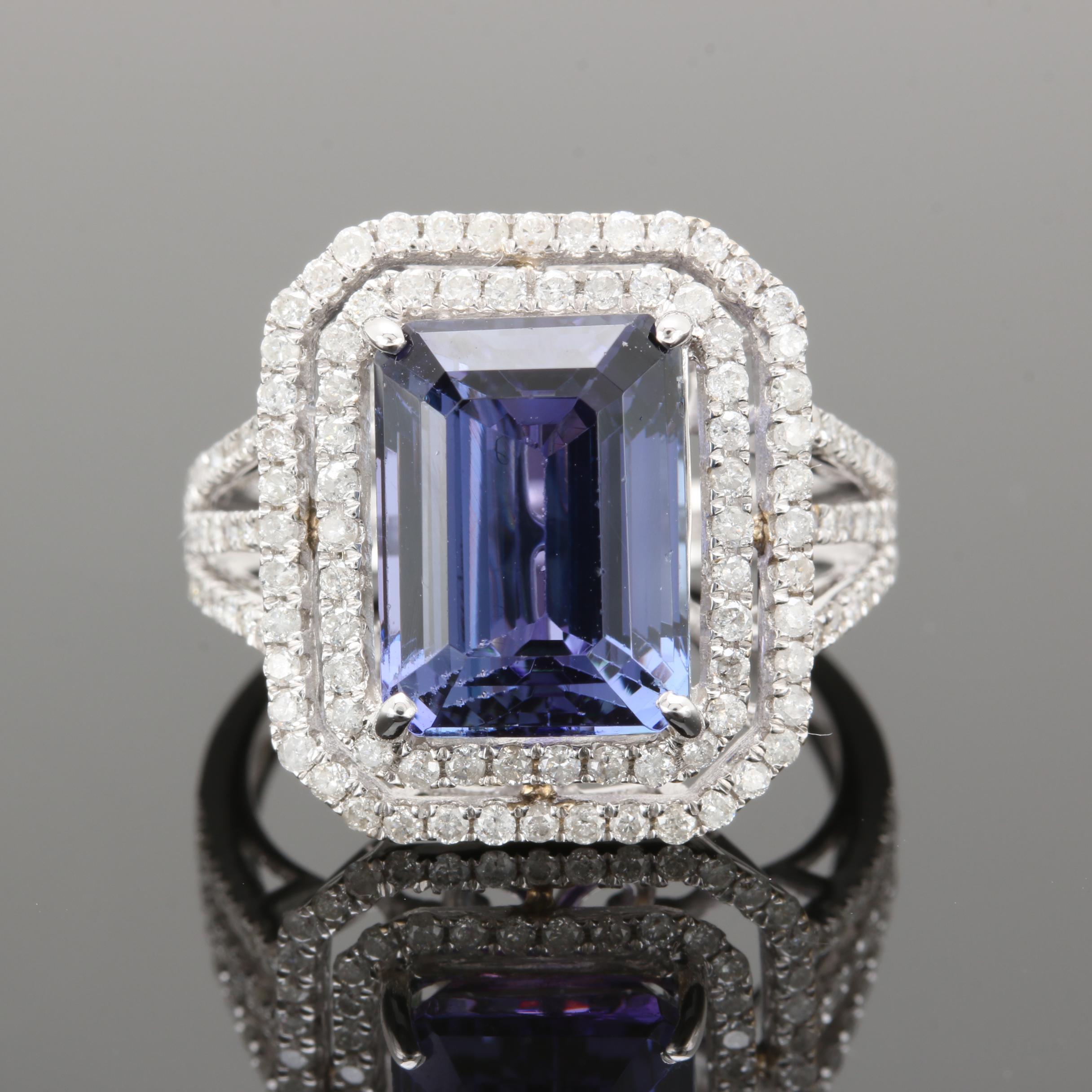 18K White Gold 6.87 CT Tanzanite and Diamond Ring With GIA Report