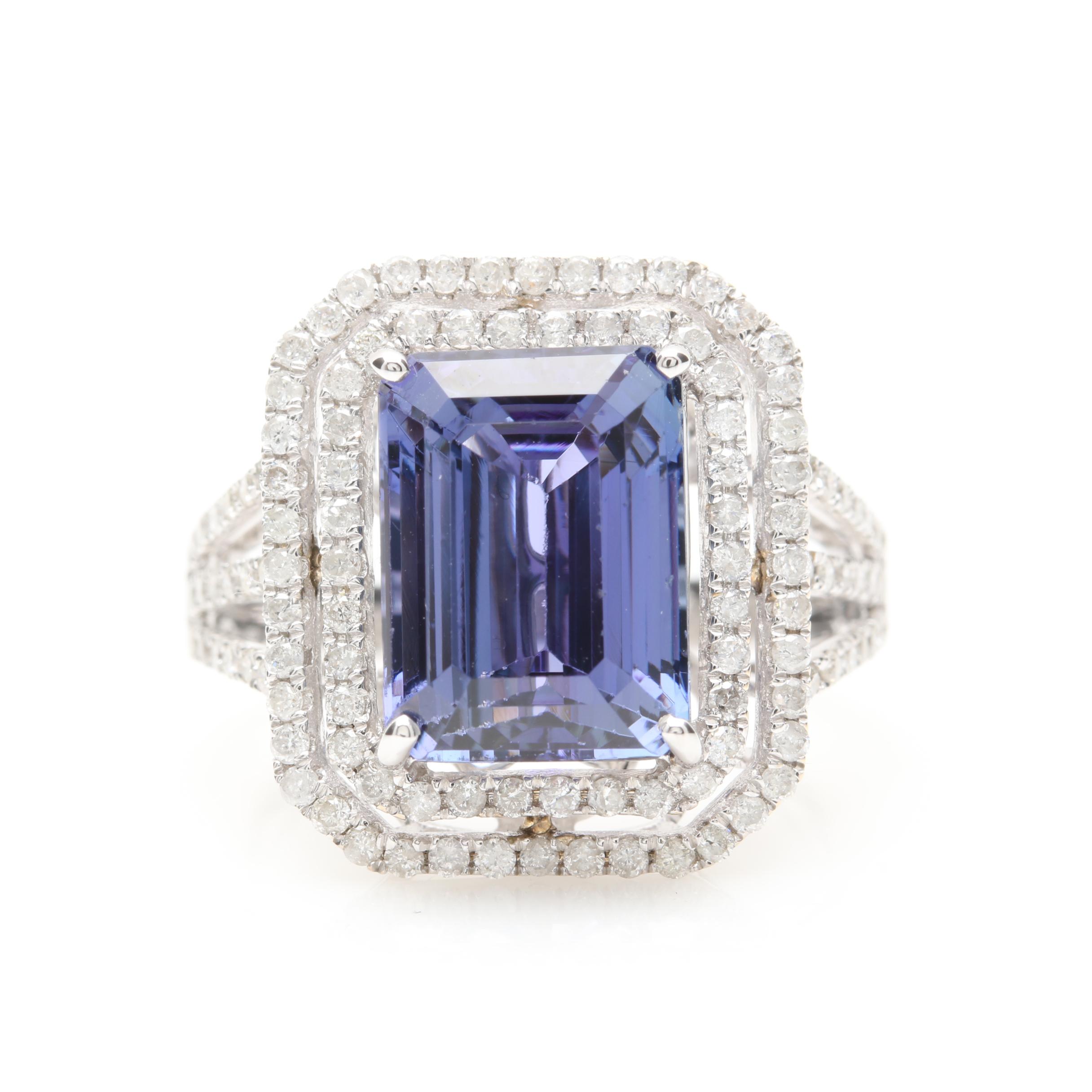 18K White Gold 6.87 CT Tanzanite and Diamond Ring With GIA Report