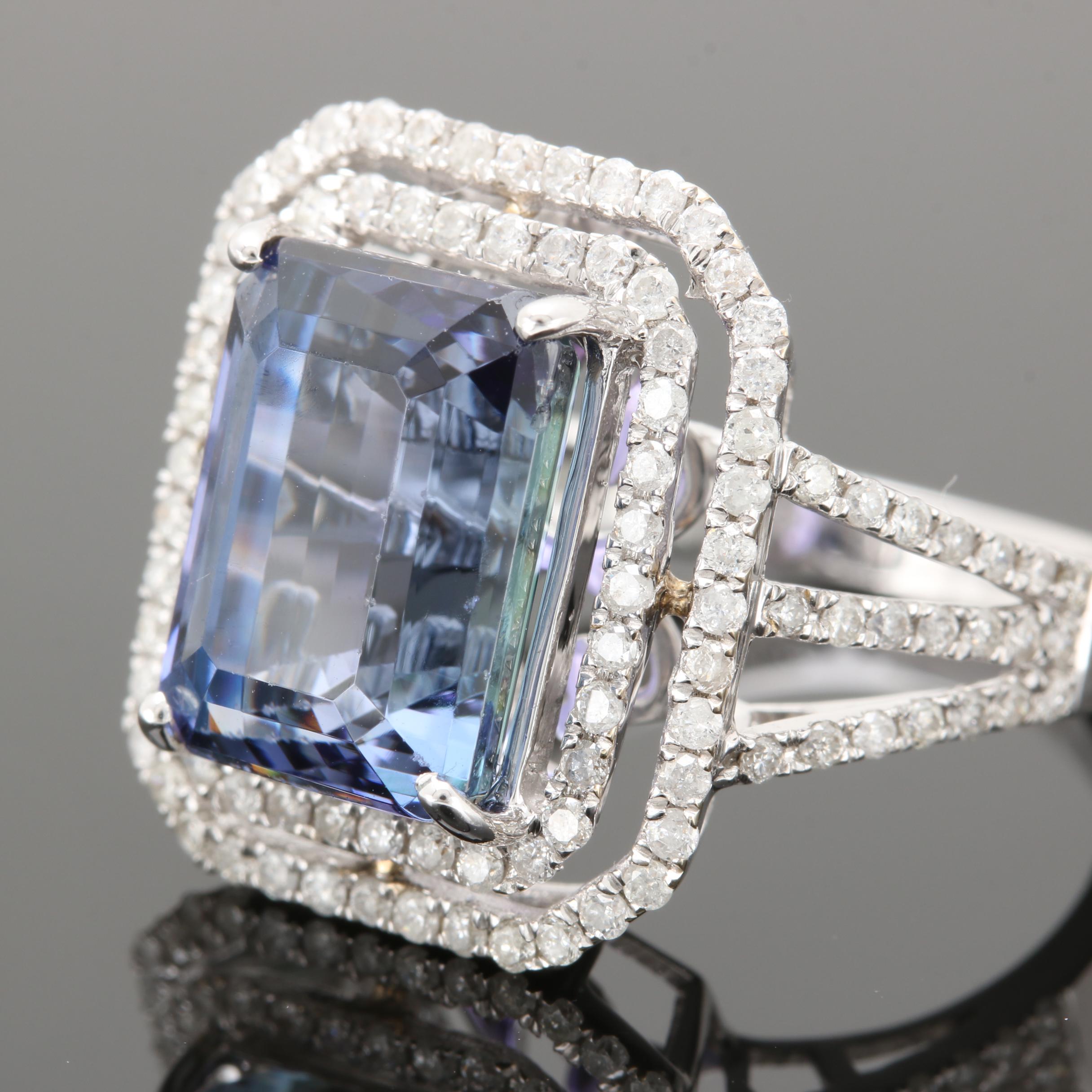 18K White Gold 6.87 CT Tanzanite and Diamond Ring With GIA Report