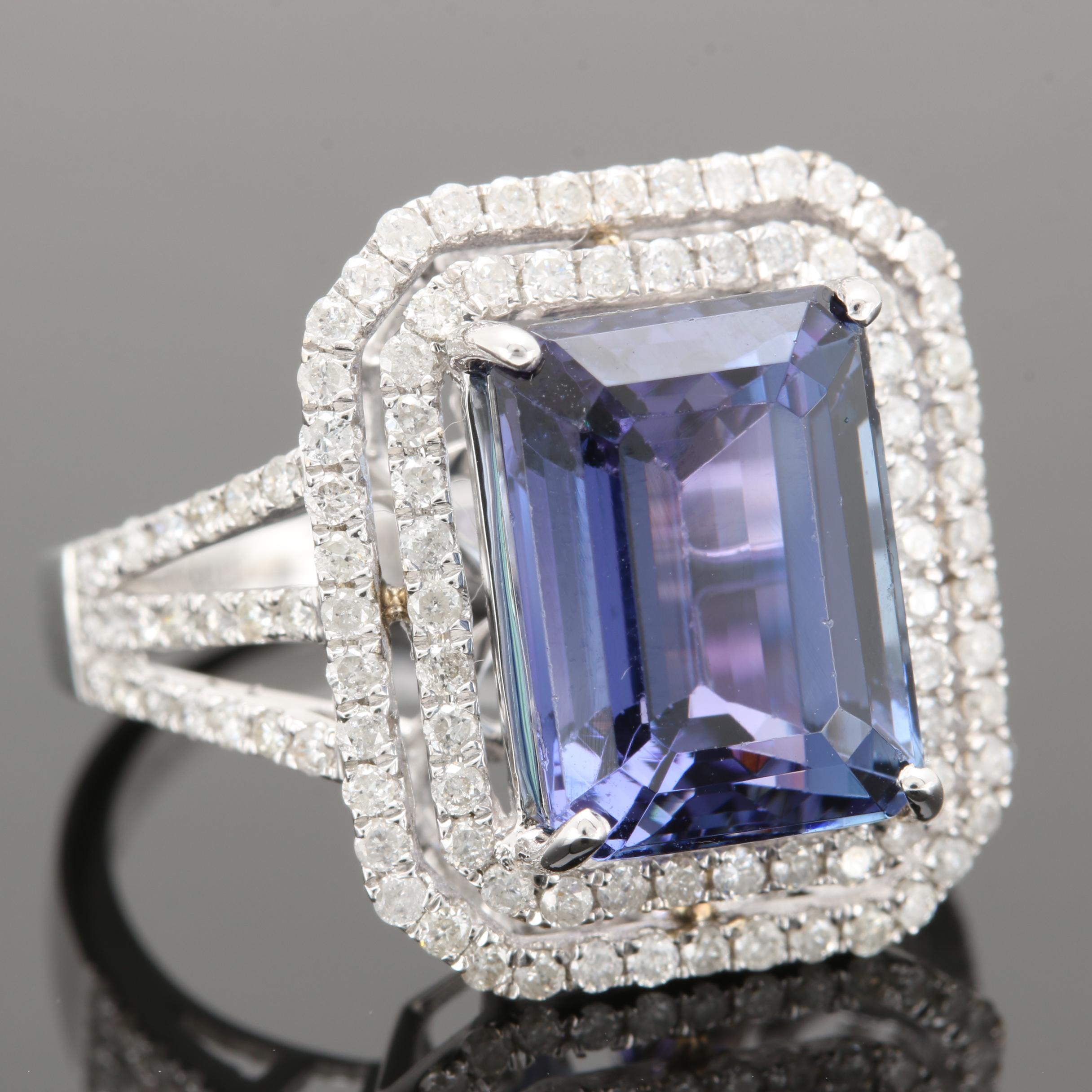 18K White Gold 6.87 CT Tanzanite and Diamond Ring With GIA Report