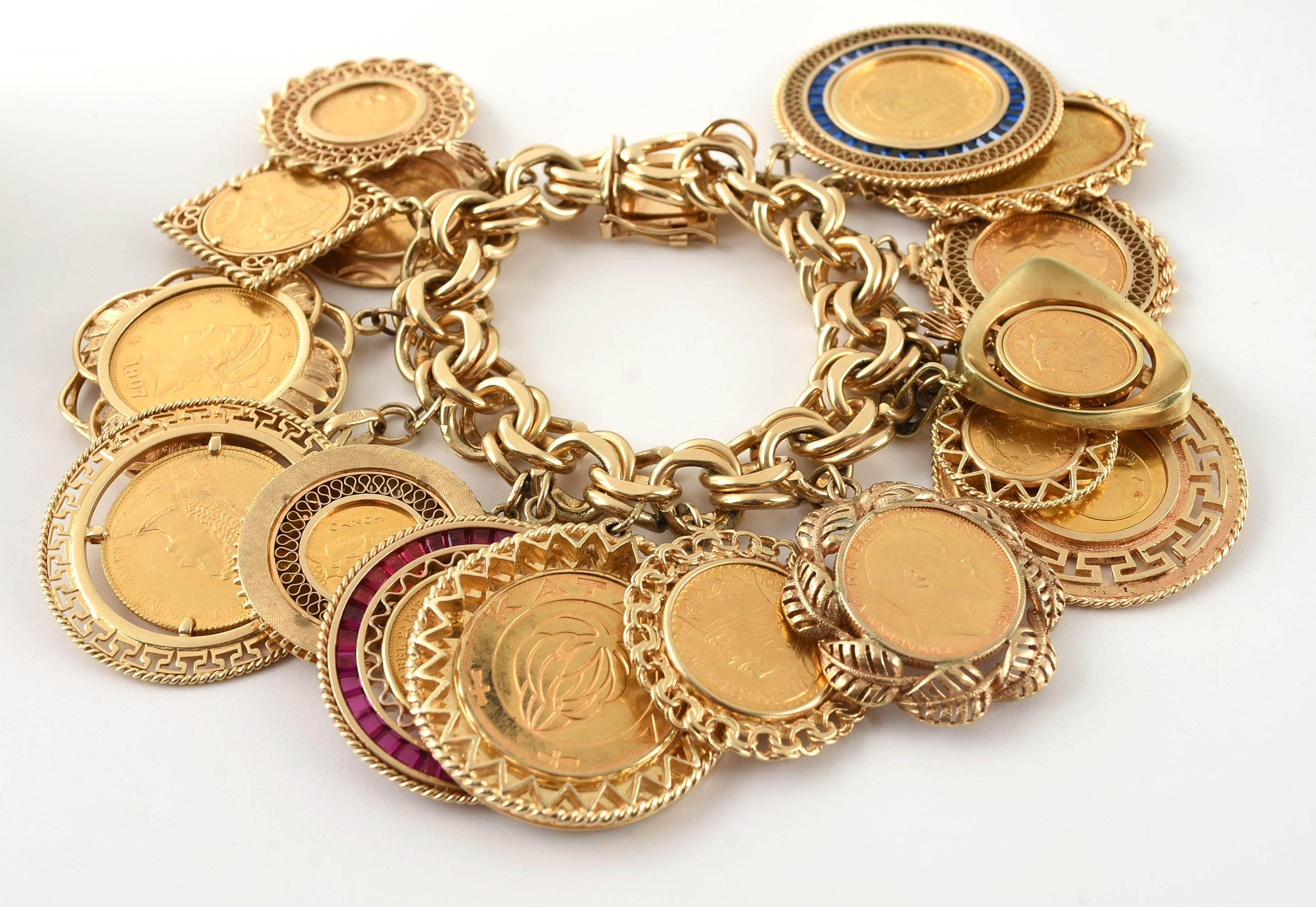 14K Yellow Gold Bracelet with Sixteen World Gold Coin Charms