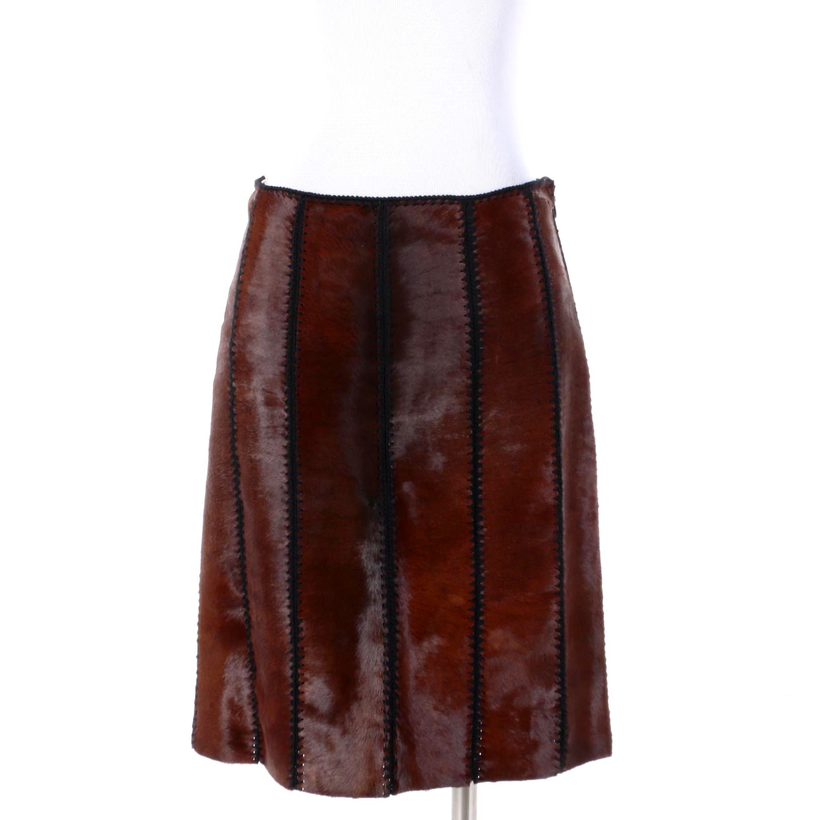 Prada Calf Hair Black Leather and Knit Panel Skirt