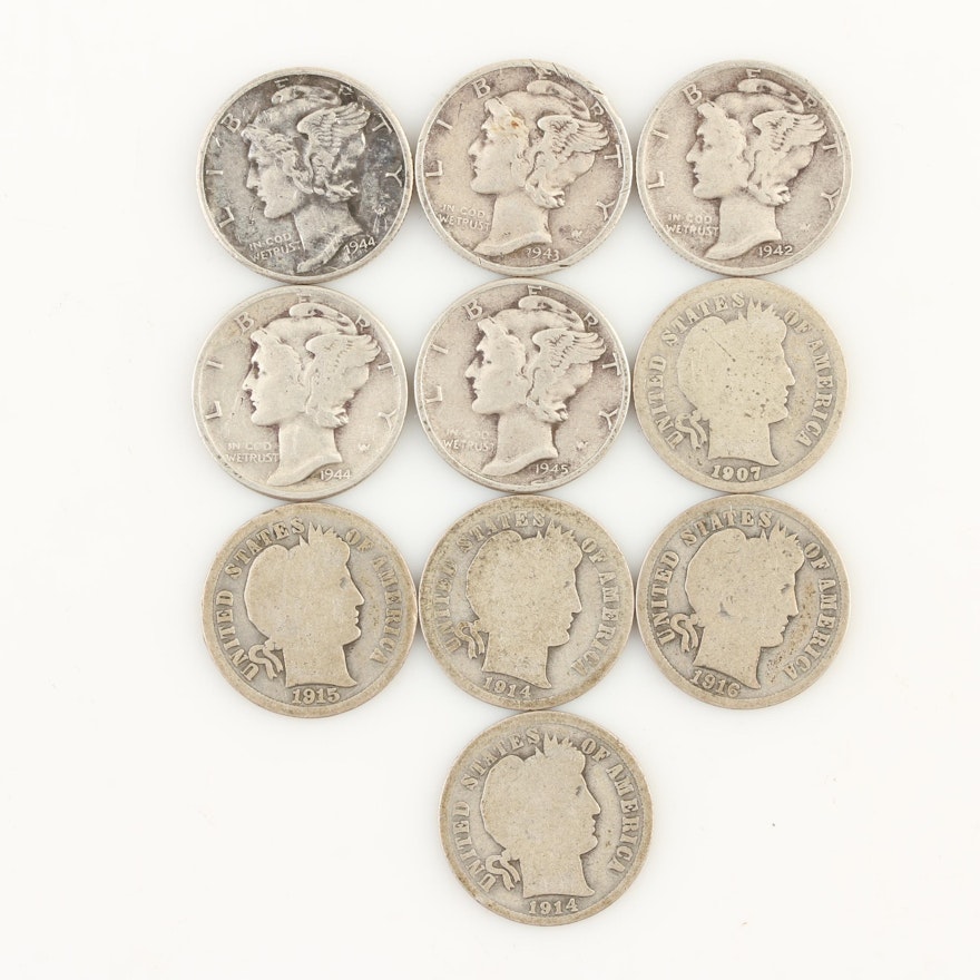 Group of Barber and Mercury Silver Dimes