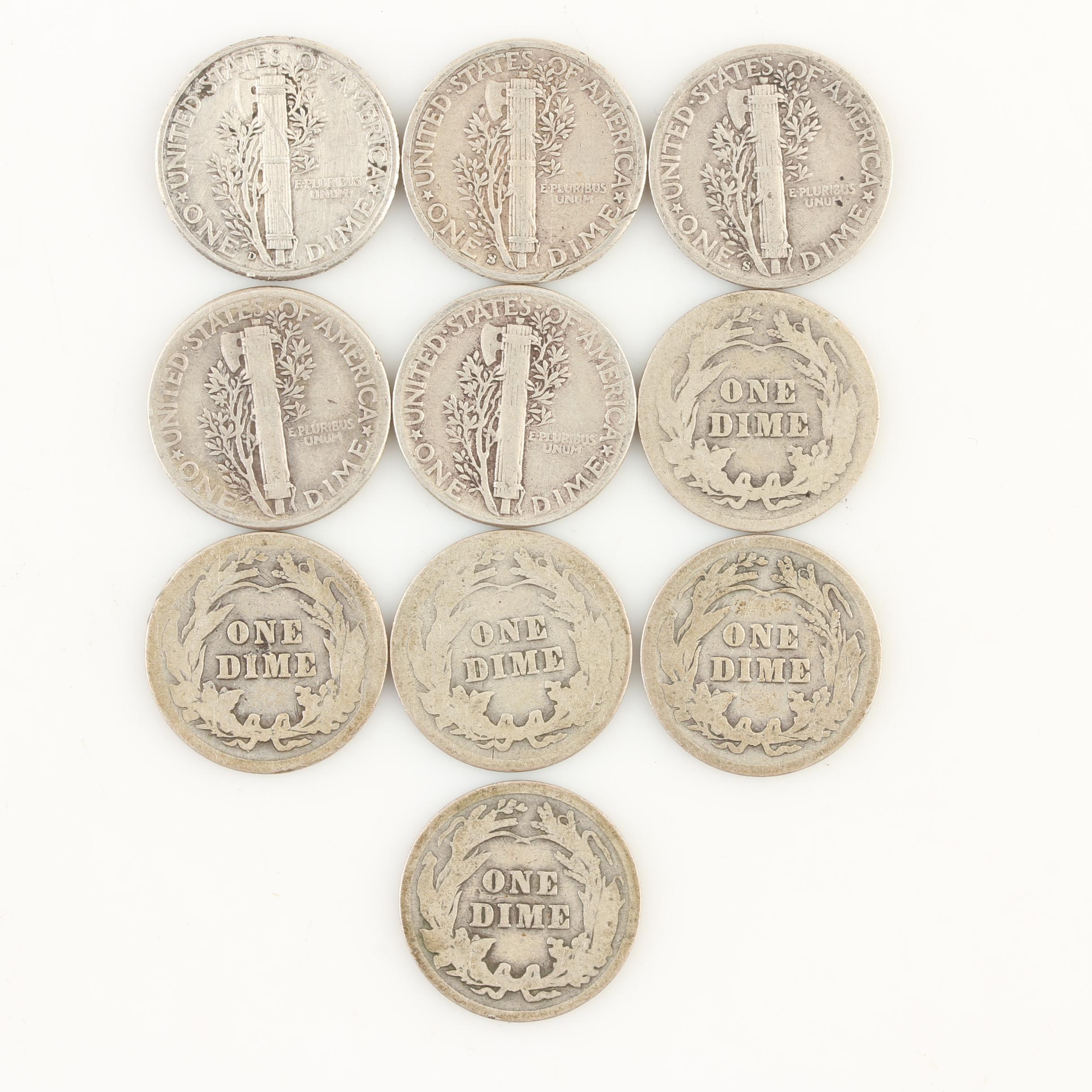Group of Barber and Mercury Silver Dimes