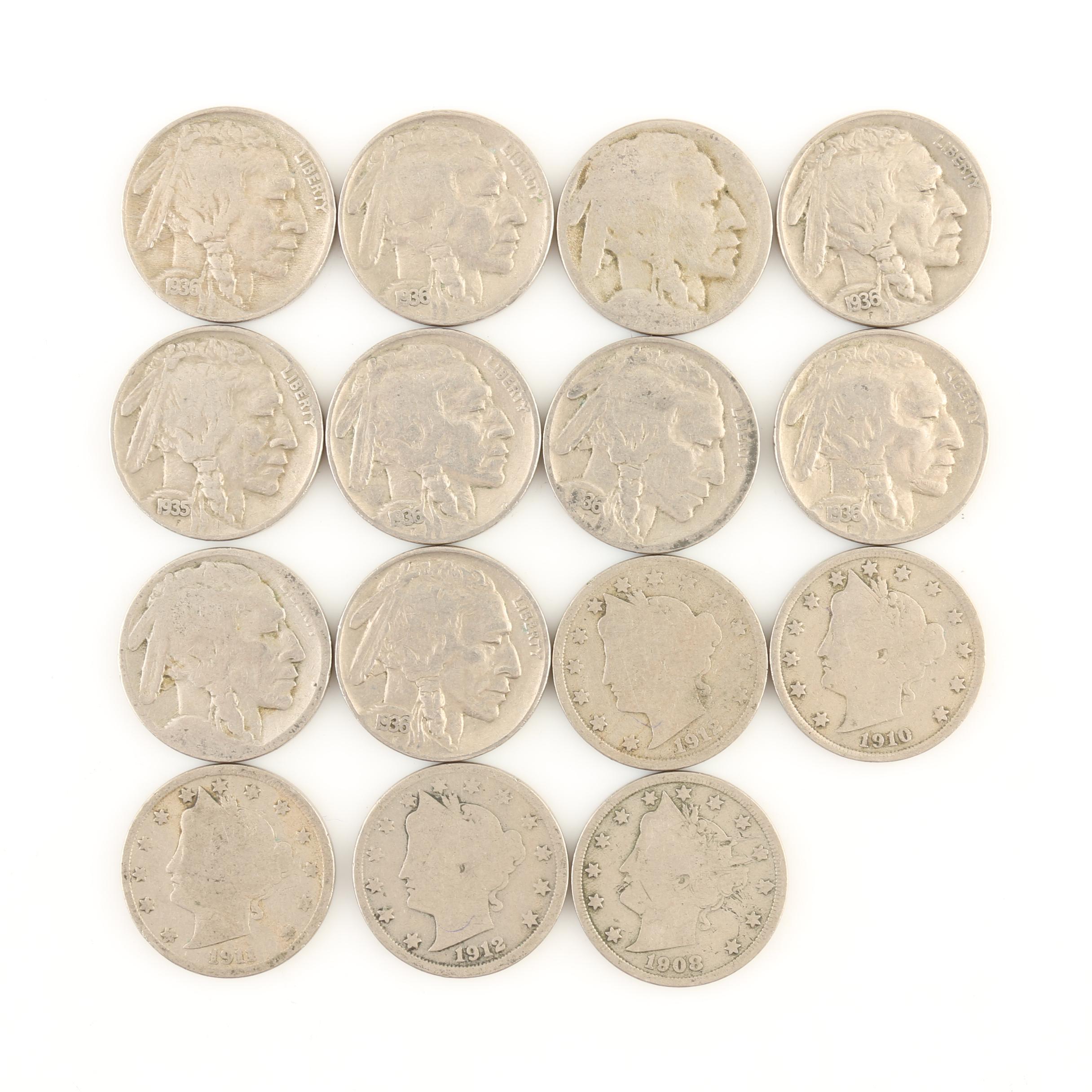 Group of Lincoln Wheat Cents, Buffalo Nickels and Liberty Head "V" Nickels