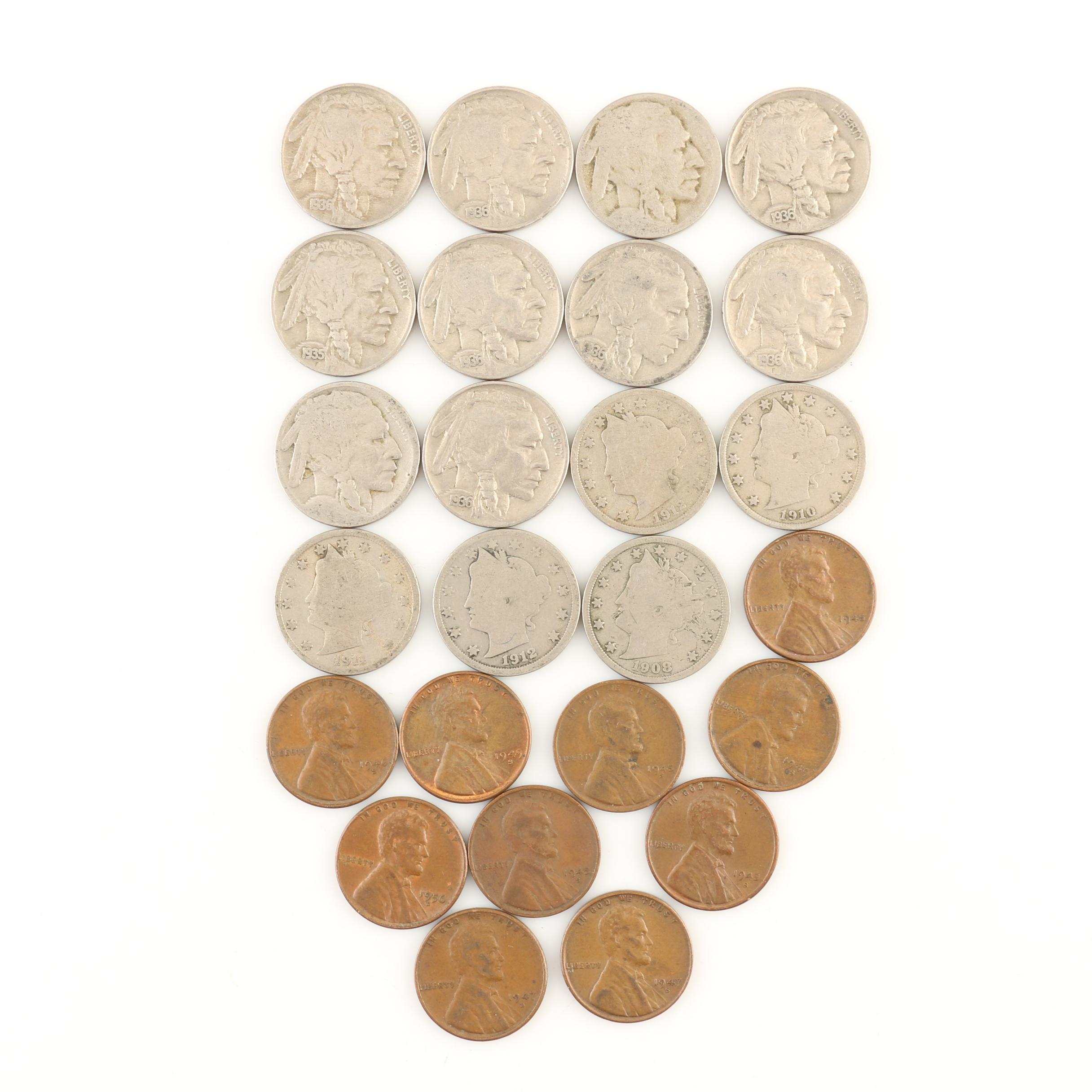 Group of Lincoln Wheat Cents, Buffalo Nickels and Liberty Head "V" Nickels