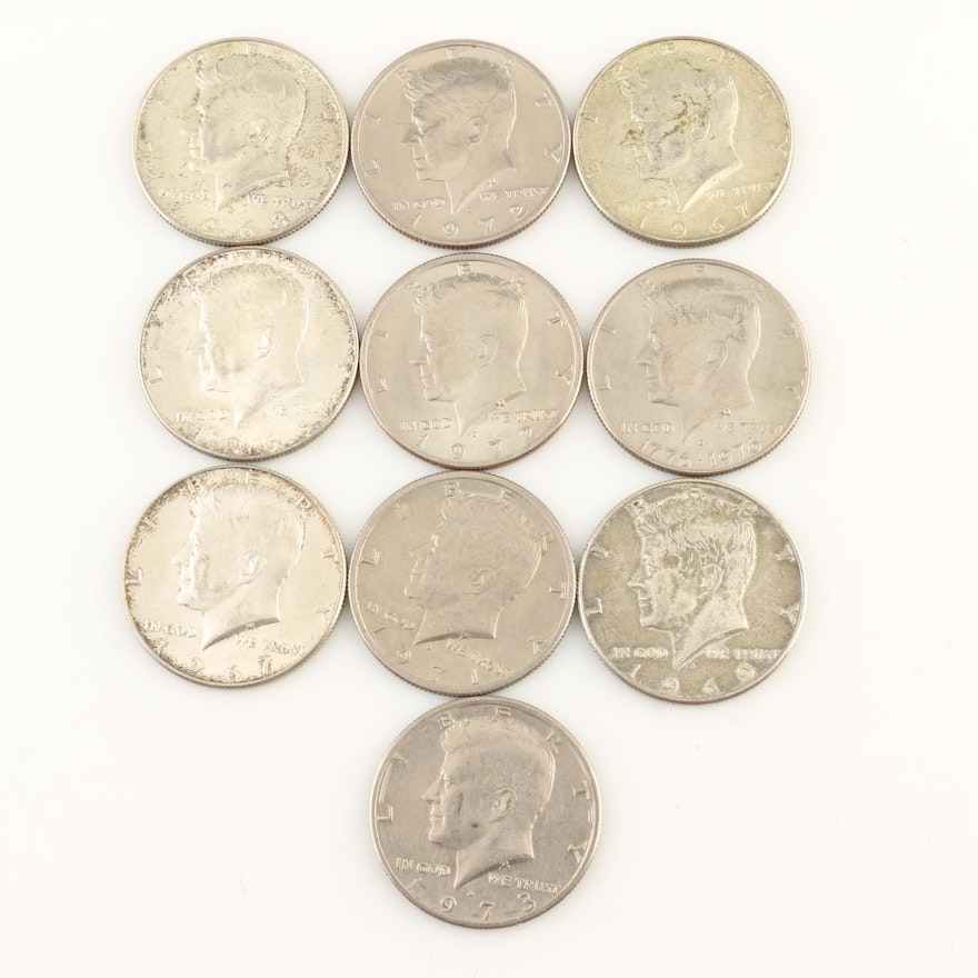 Ten Kennedy Silver Clad and Copper Nickel Clad Half Dollars