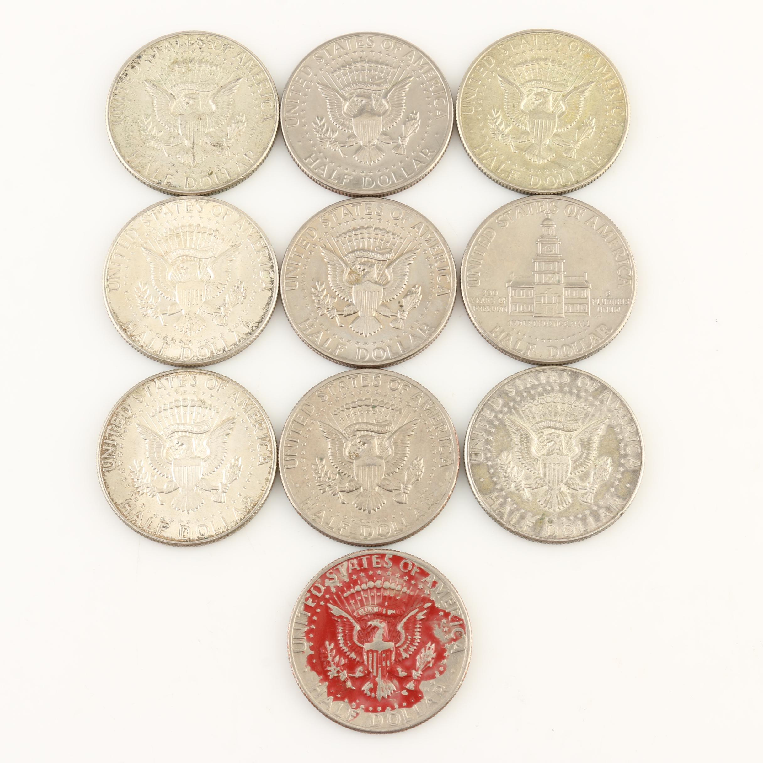 Ten Kennedy Silver Clad and Copper Nickel Clad Half Dollars