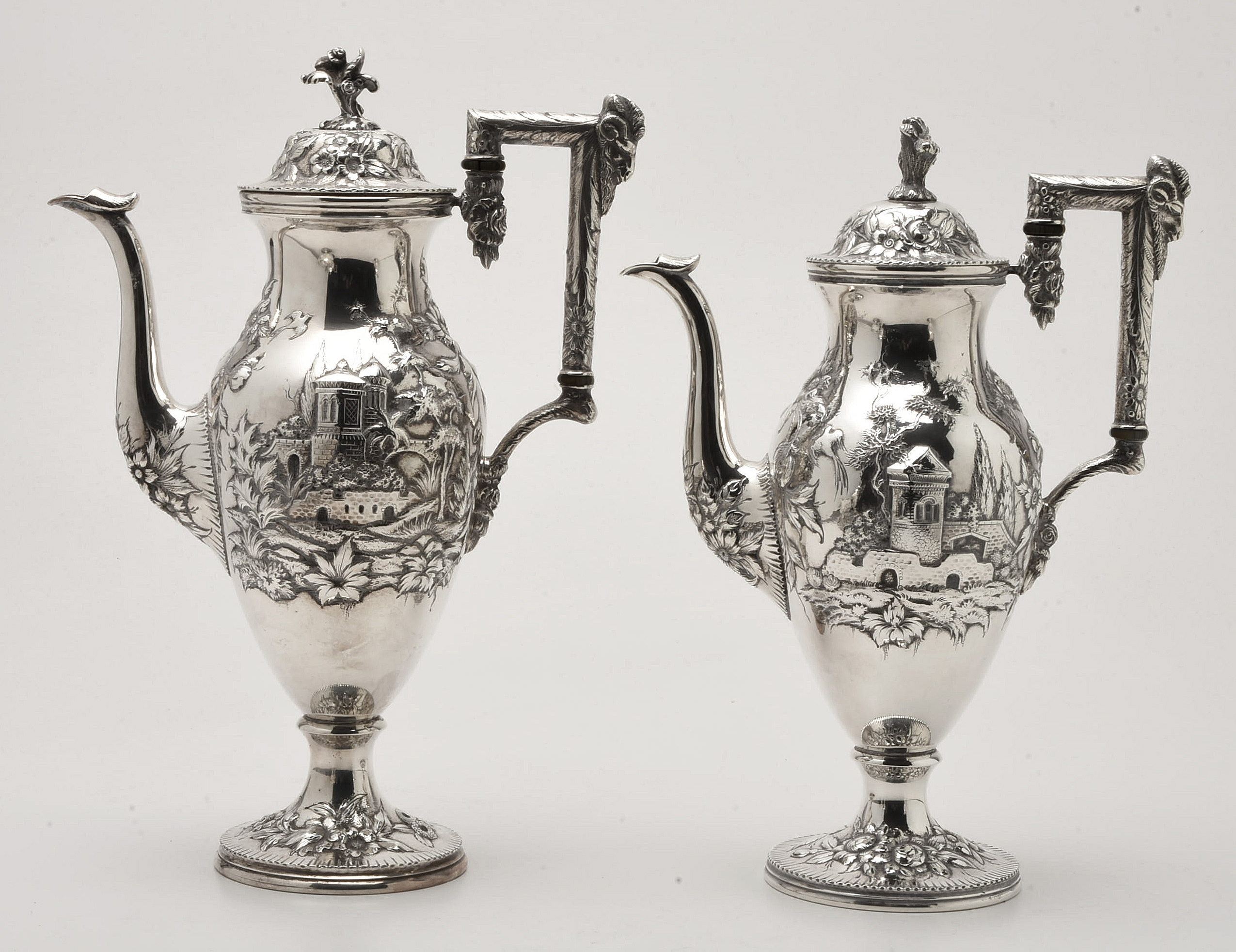 Circa 1900 S. Kirk & Son Co. "Landscape" Sterling Silver Tea and Coffee Service