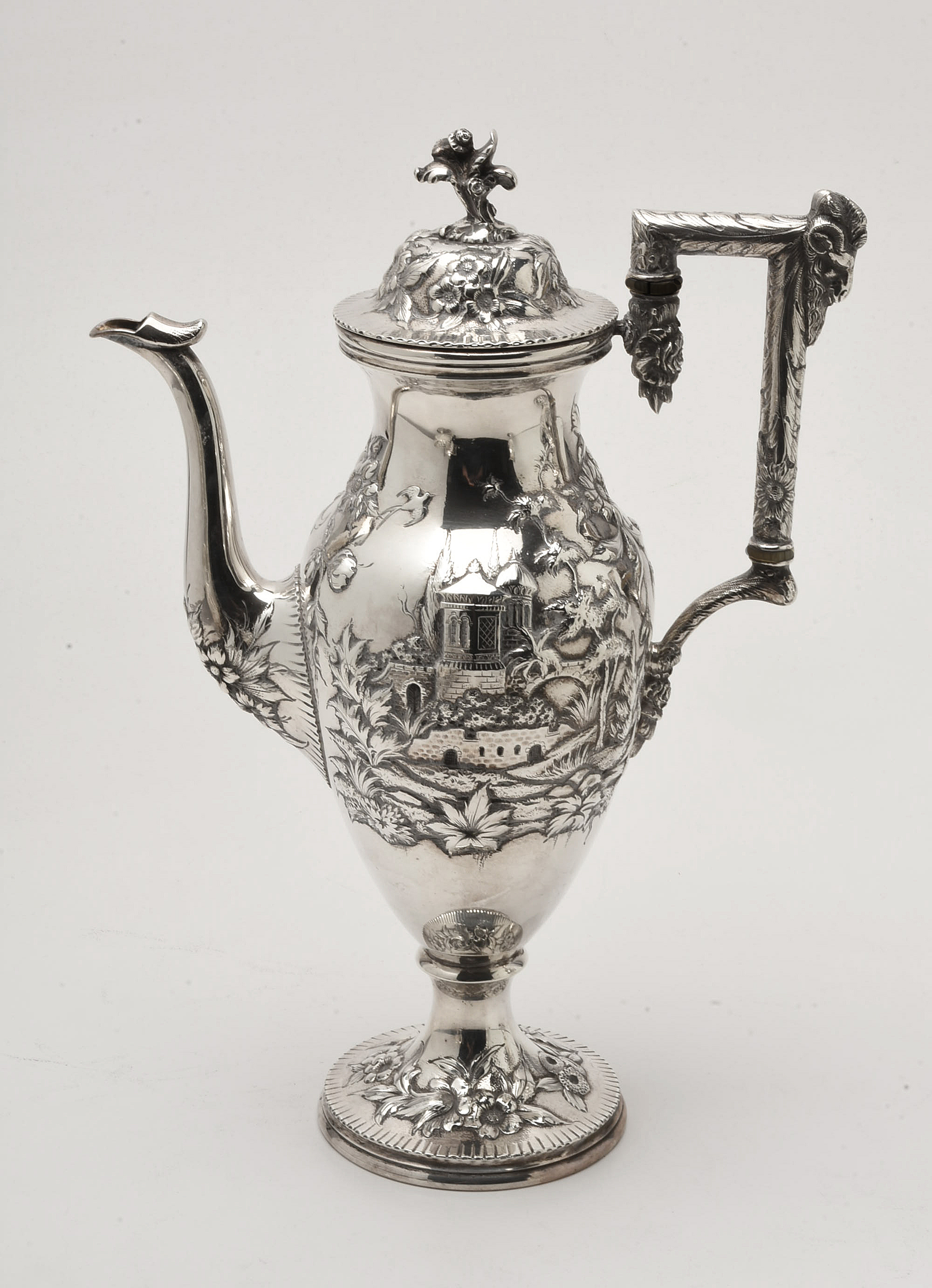 Circa 1900 S. Kirk & Son Co. "Landscape" Sterling Silver Tea and Coffee Service