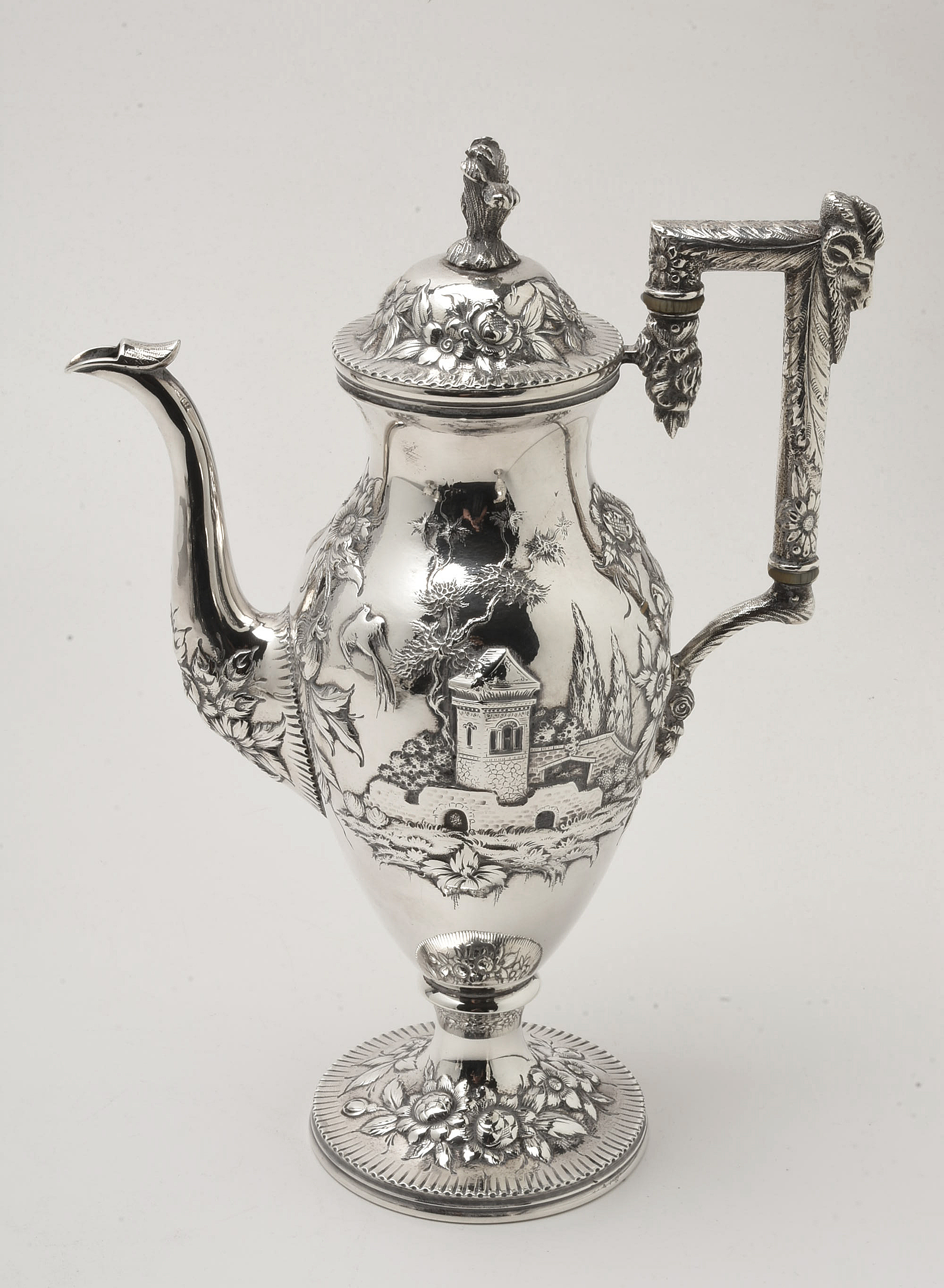 Circa 1900 S. Kirk & Son Co. "Landscape" Sterling Silver Tea and Coffee Service