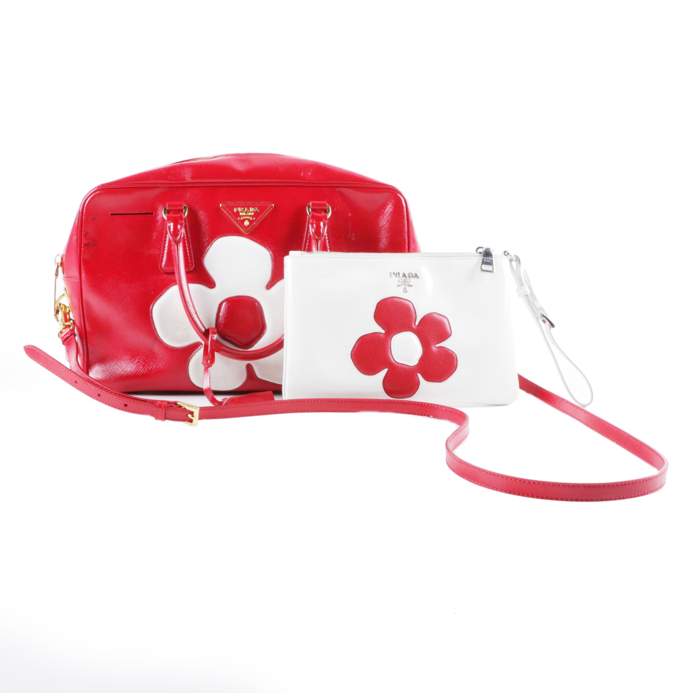 Prada Red Vernice Flower Saffiano Leather Handbag and Patent Leather Wrislet