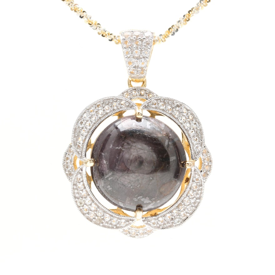 Gold Wash on Sterling Silver Sapphire Cab and White Topaz Pendant Necklace