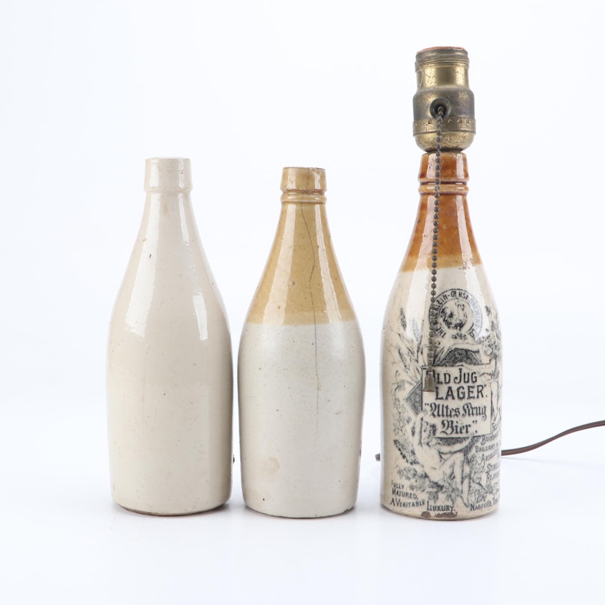 Antique Stoneware Bottles and "Old Jug Lager" Converted Lamp