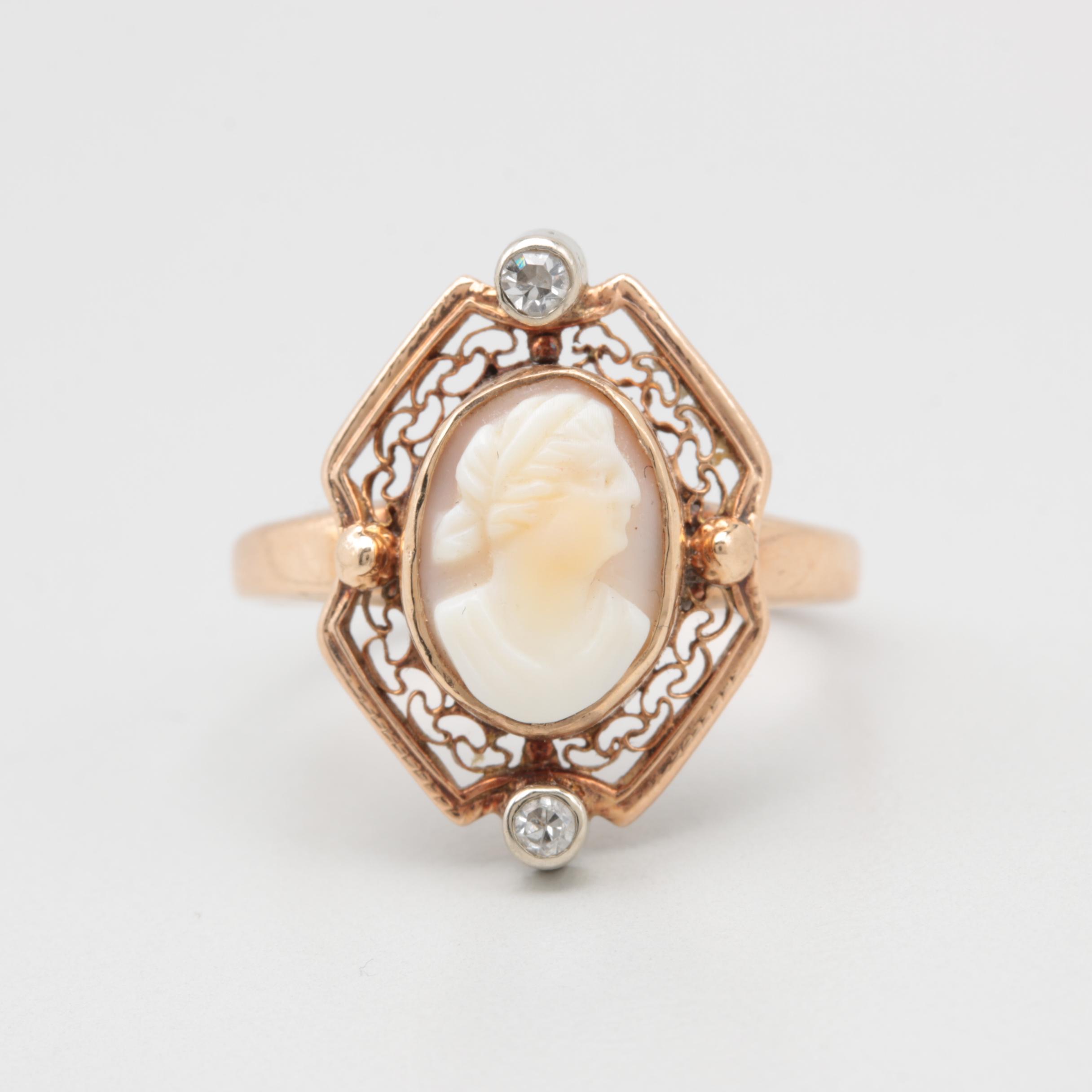 Vintage 10K Yellow Gold Diamond and Shell Cameo Ring
