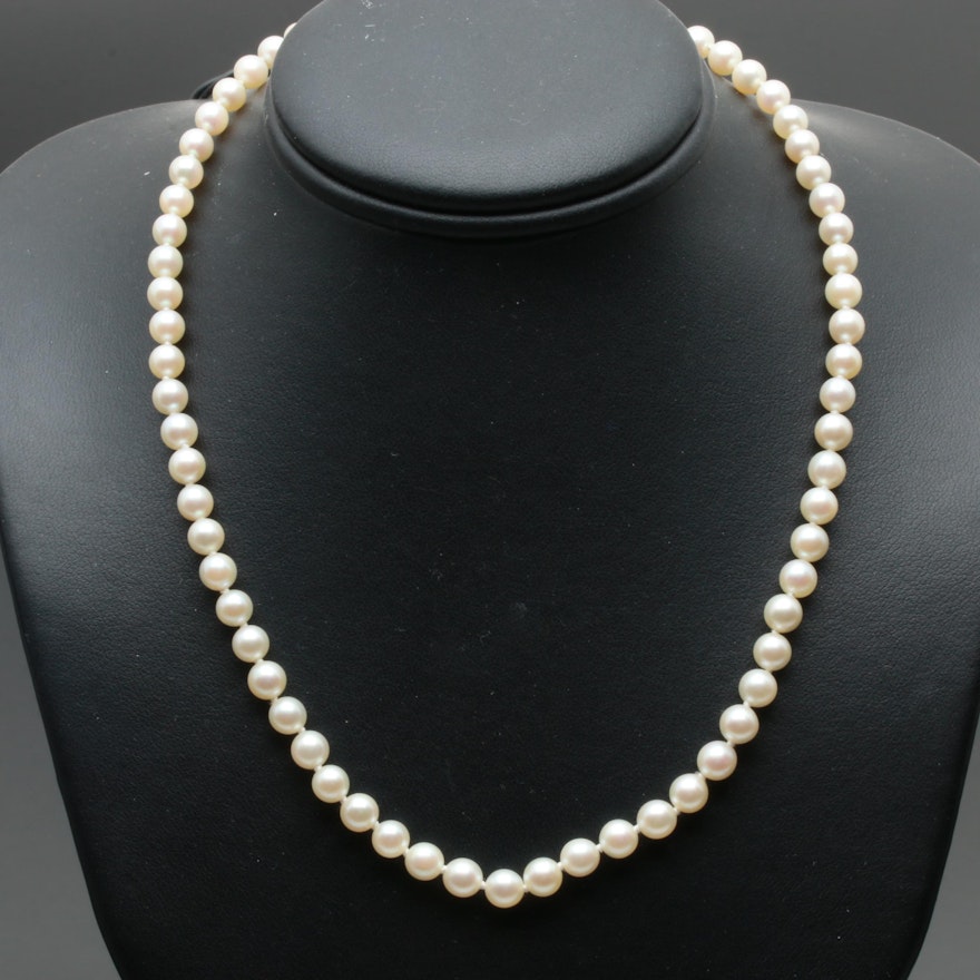 14K White Gold Cultured Pearl Necklace with 10K White Gold