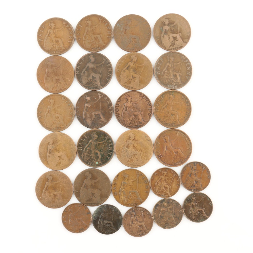 Twenty-Six Antique and Vintage British Half Pennies and Farthings