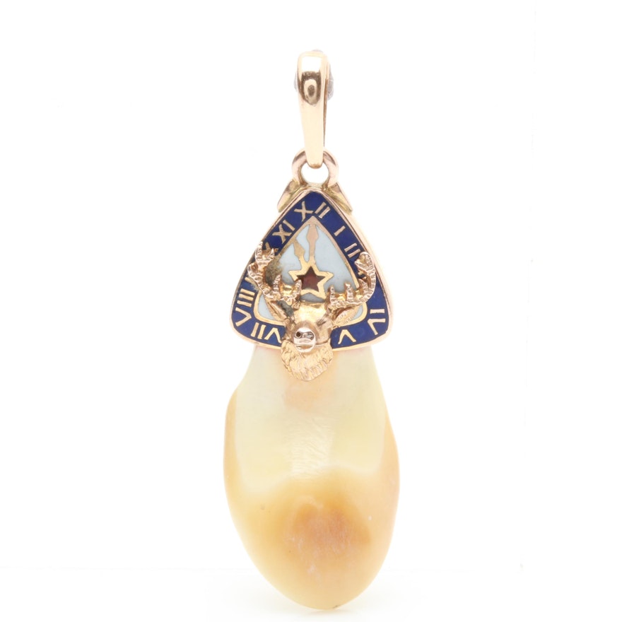 14K Yellow Gold Elk Tooth and Enamel Pendant with 10K Yellow Gold Bail