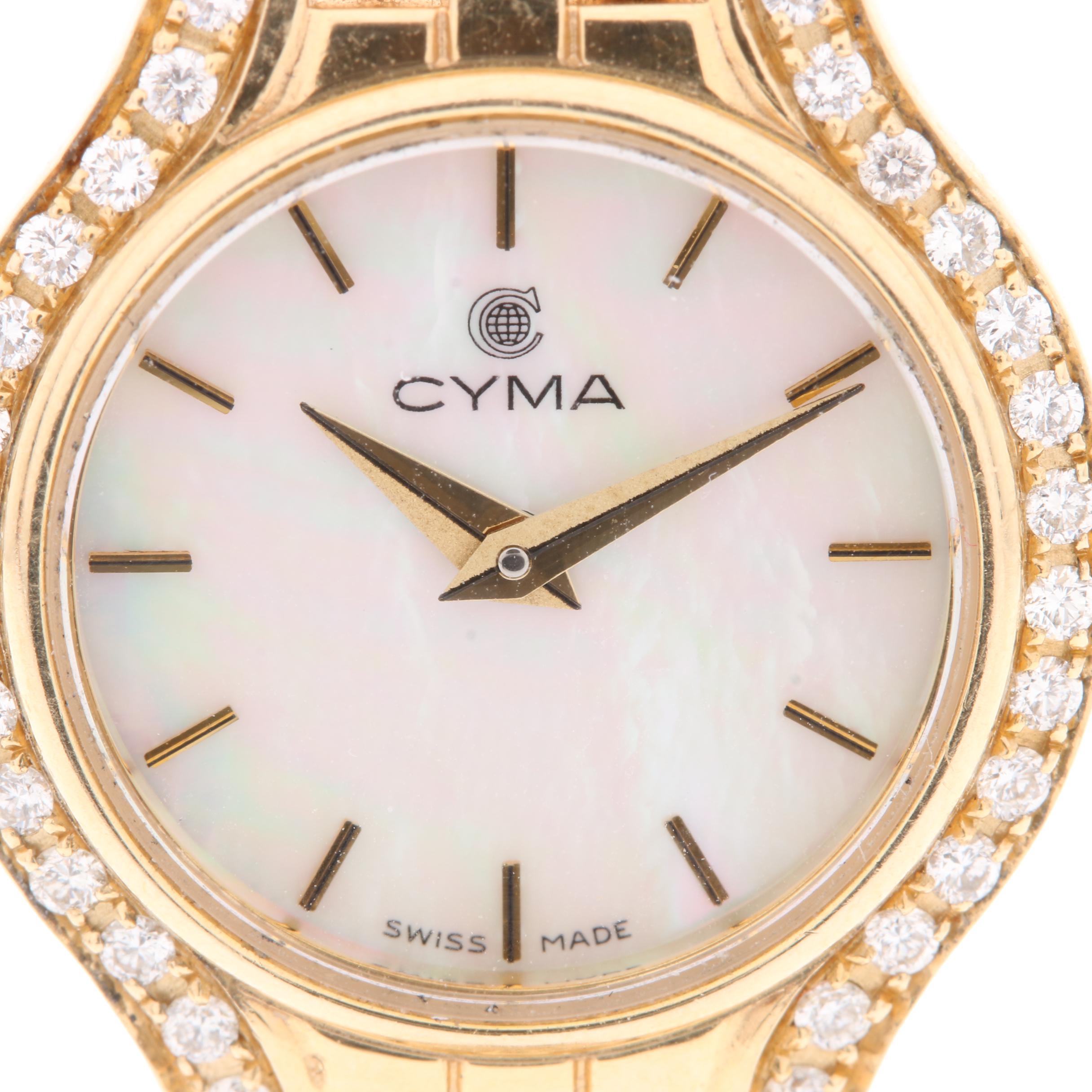 Cyma 14K Yellow Gold Mother of Pearl and Diamond Watch
