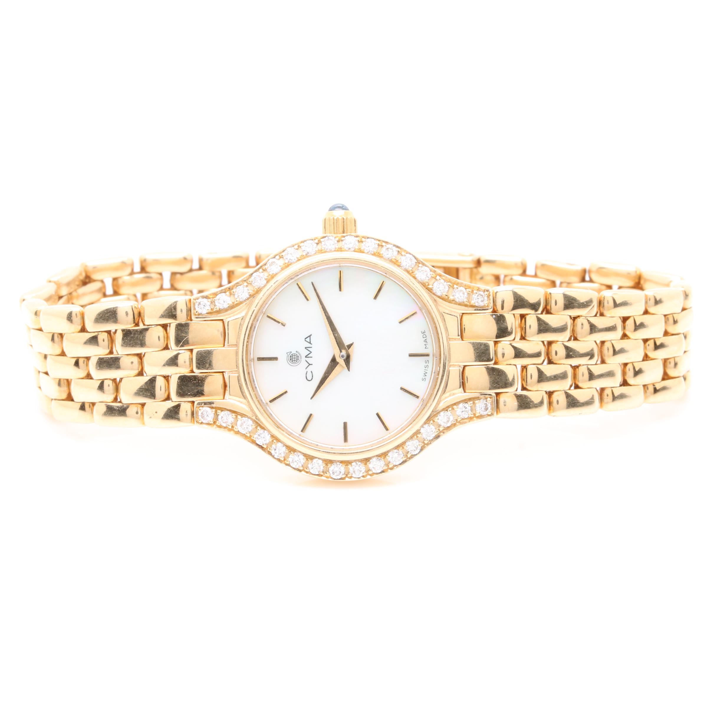 Cyma 14K Yellow Gold Mother of Pearl and Diamond Watch