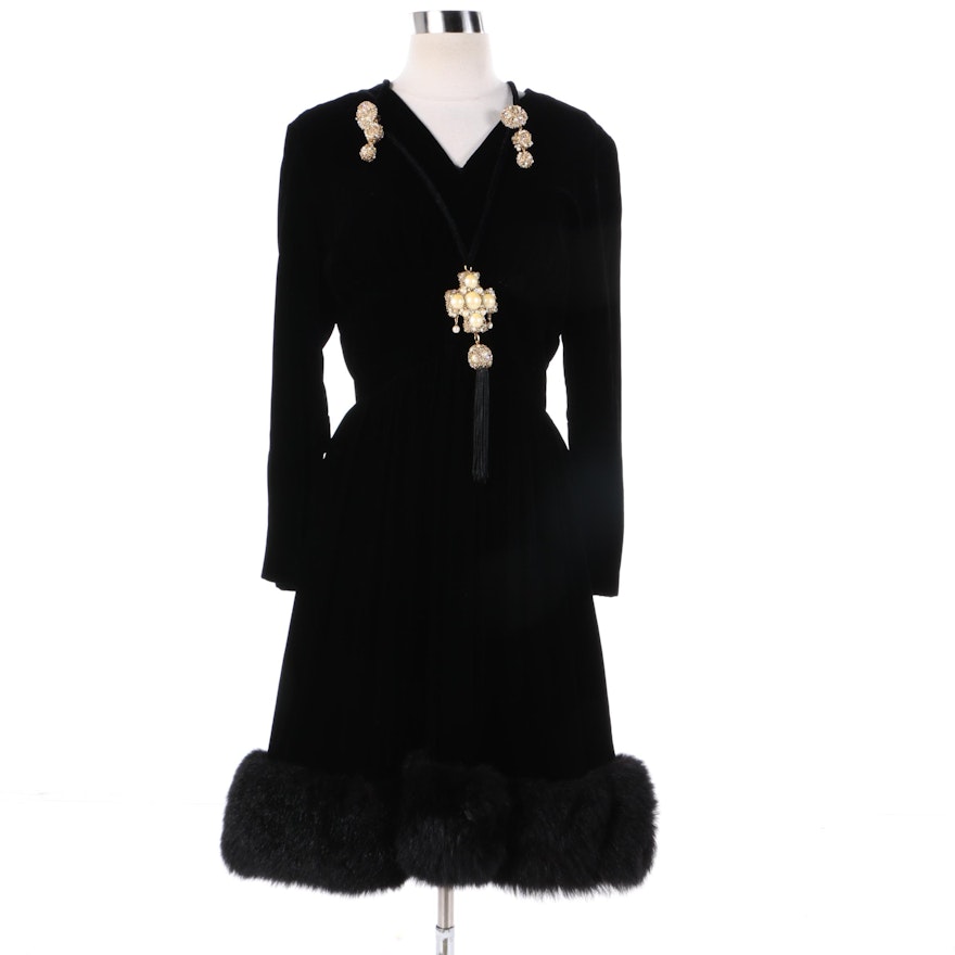 Vintage Lillie Rubin Black Velvet Dress with Dyed Australian Possum Fur Trim