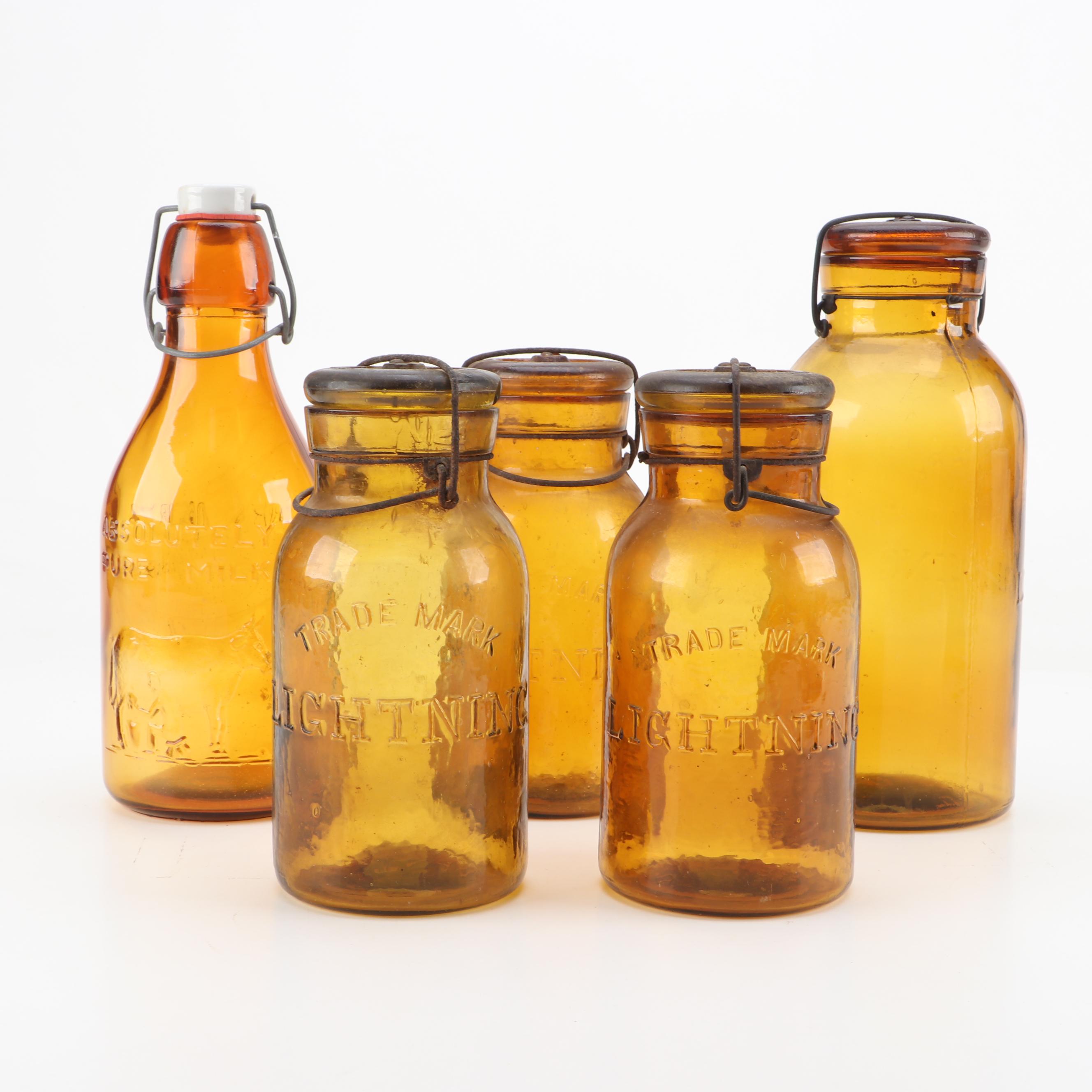 Antique Amber Canning Jars And Milk Bottle
