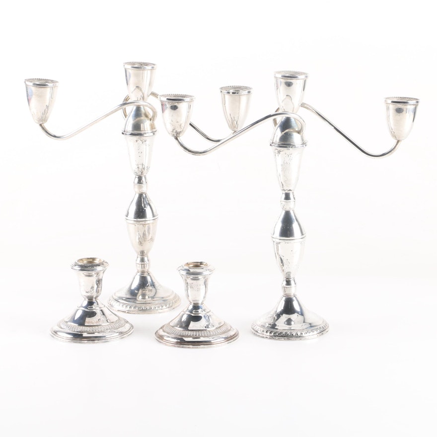 Convertible Weighted Sterling Silver Candelabra and Candleholders