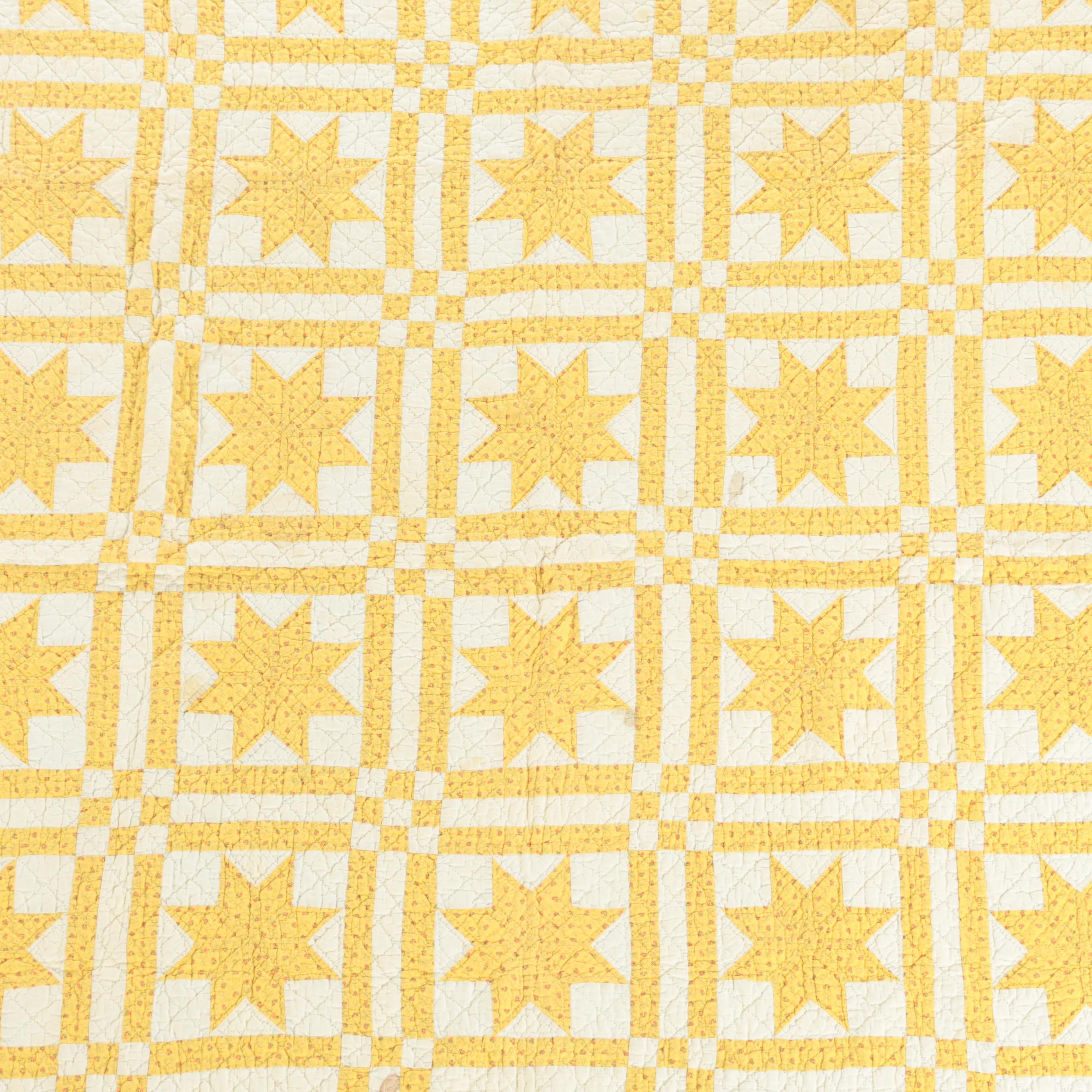 Vintage Handmade Yellow Calico "Eight-Point Star" Quilt