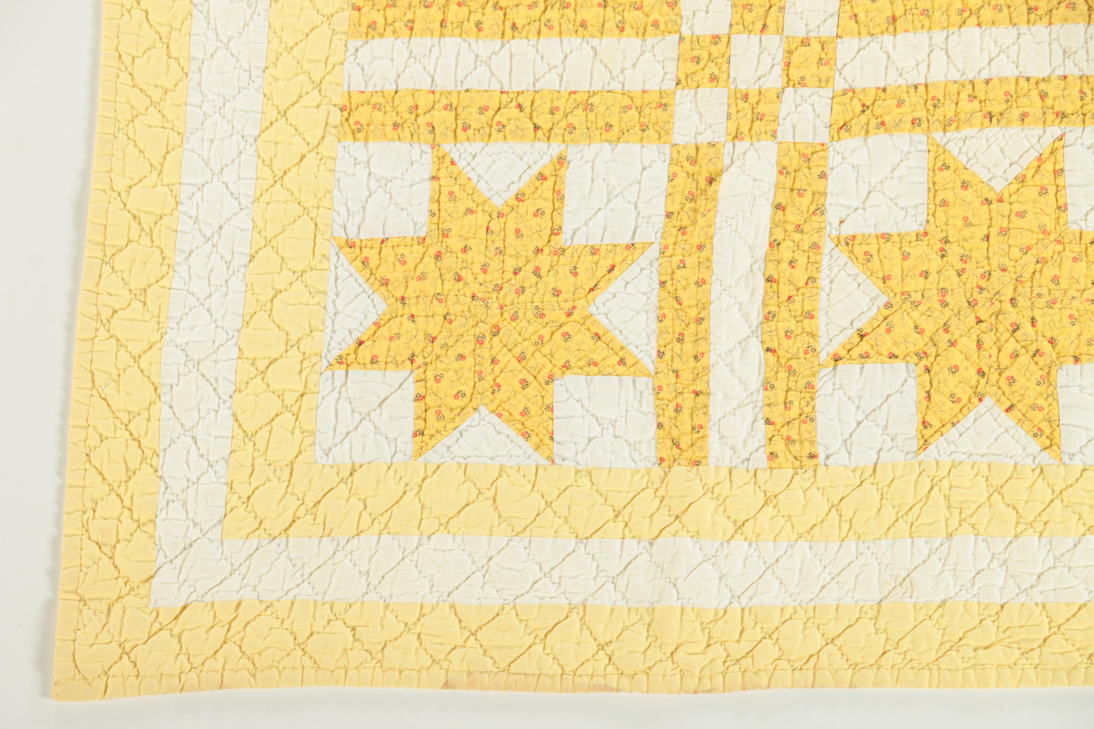 Vintage Handmade Yellow Calico "Eight-Point Star" Quilt