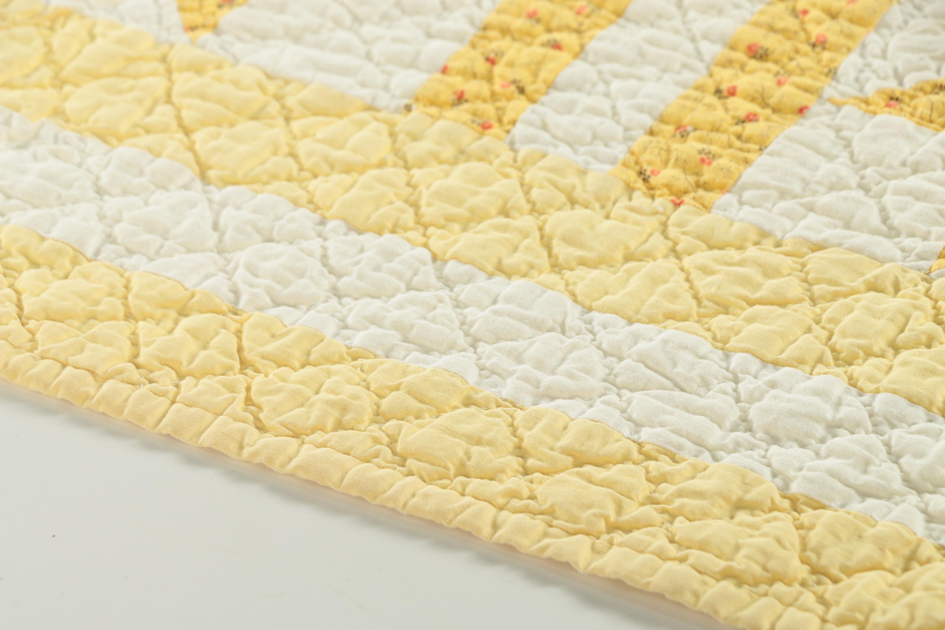 Vintage Handmade Yellow Calico "Eight-Point Star" Quilt