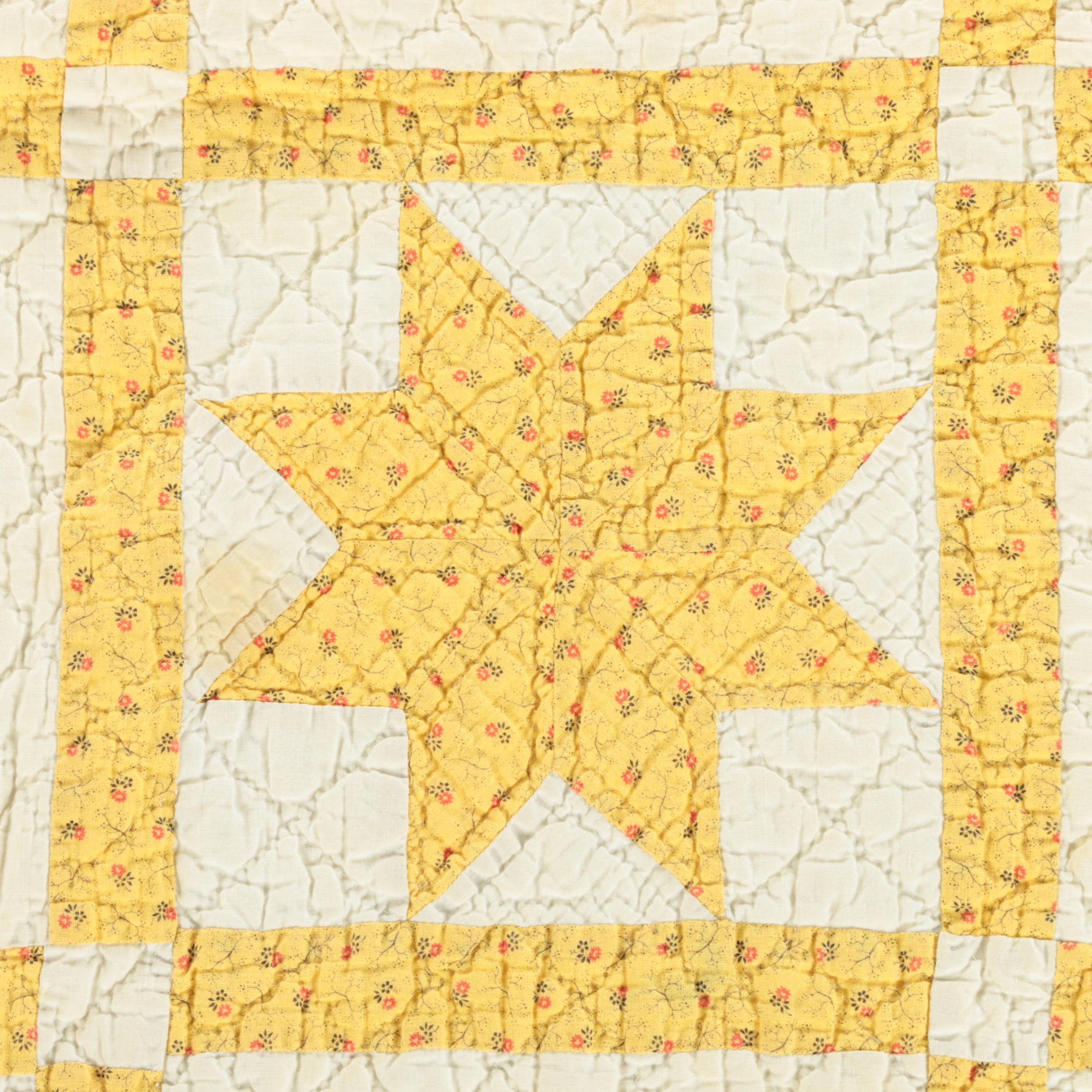 Vintage Handmade Yellow Calico "Eight-Point Star" Quilt