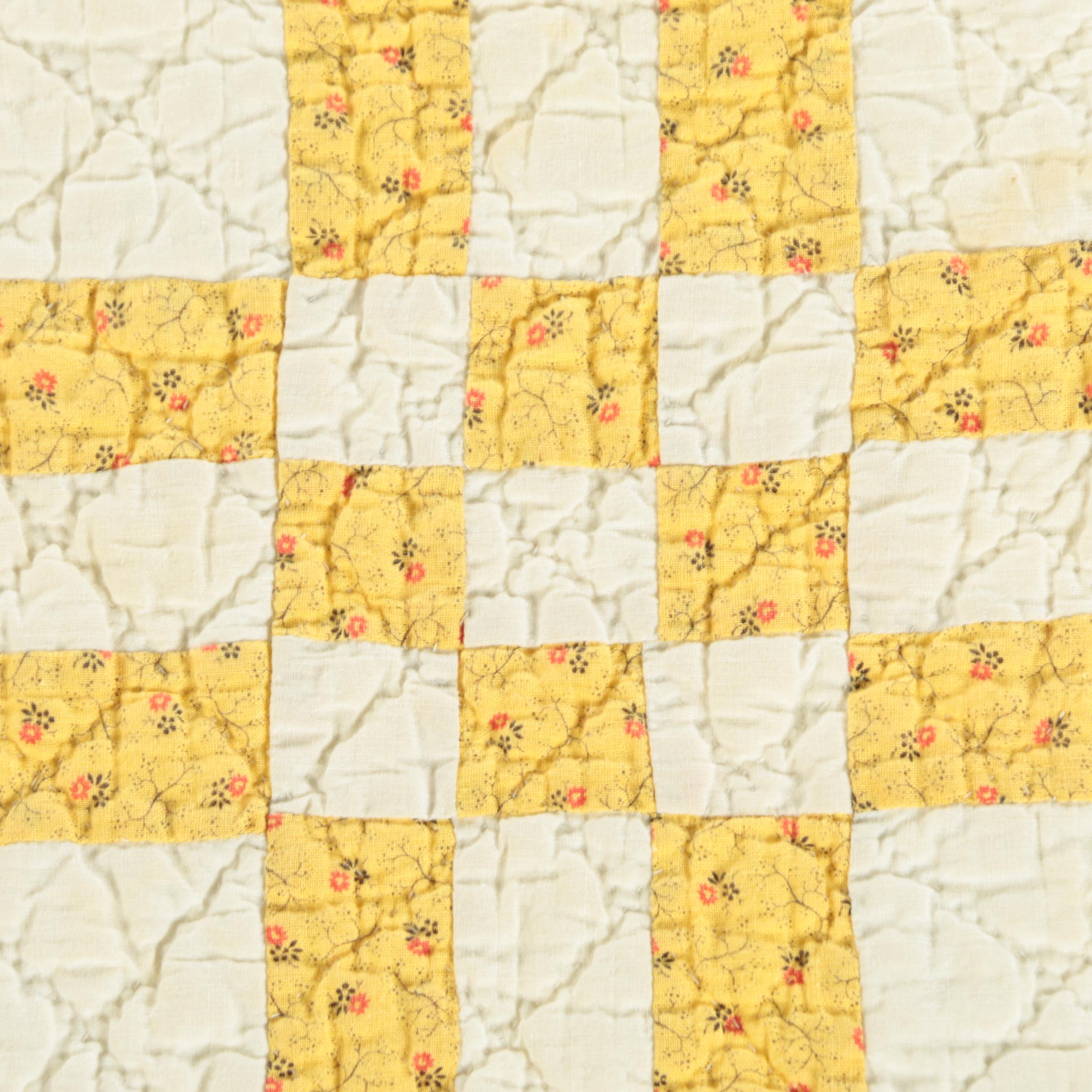 Vintage Handmade Yellow Calico "Eight-Point Star" Quilt