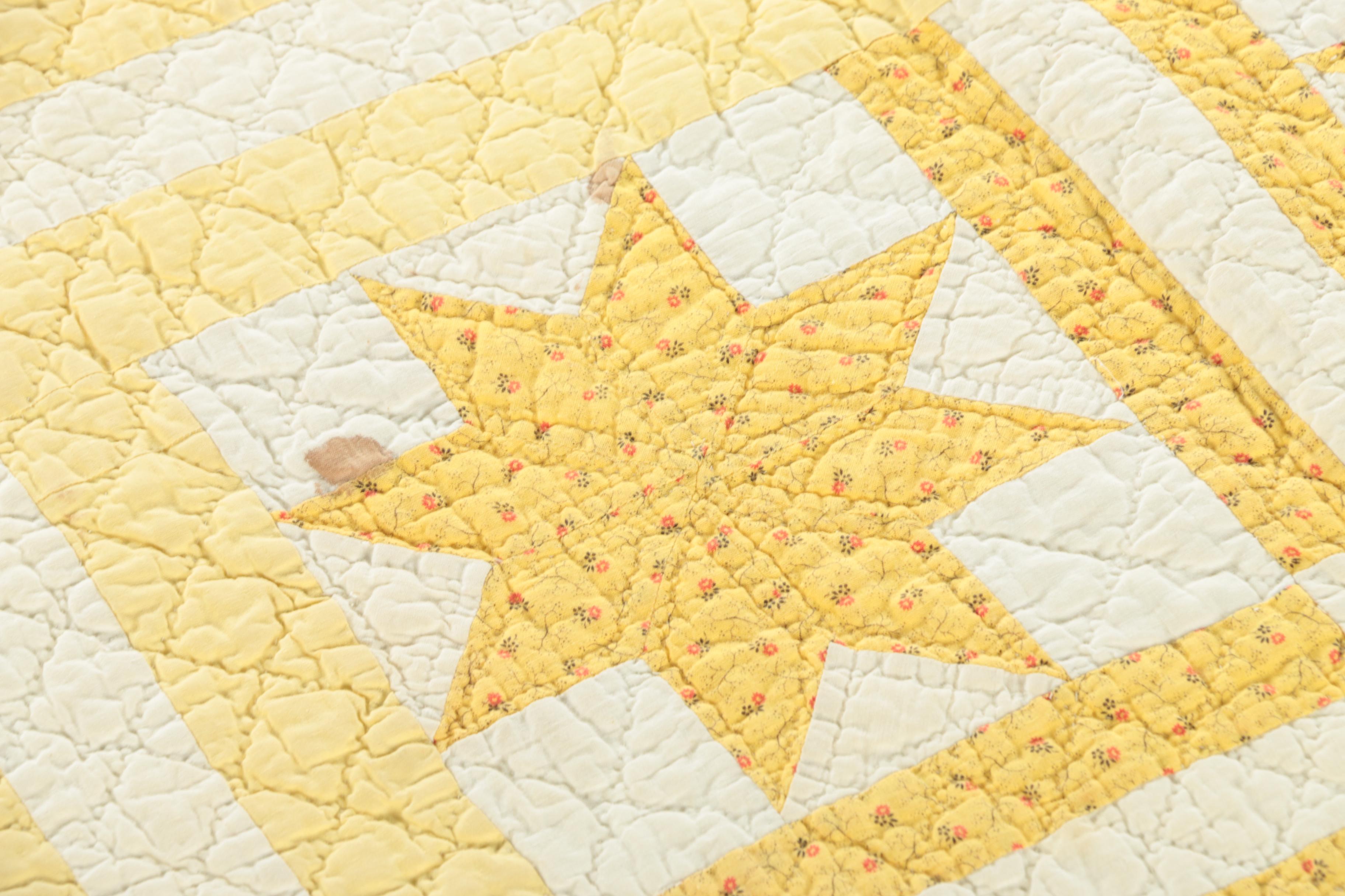 Vintage Handmade Yellow Calico "Eight-Point Star" Quilt
