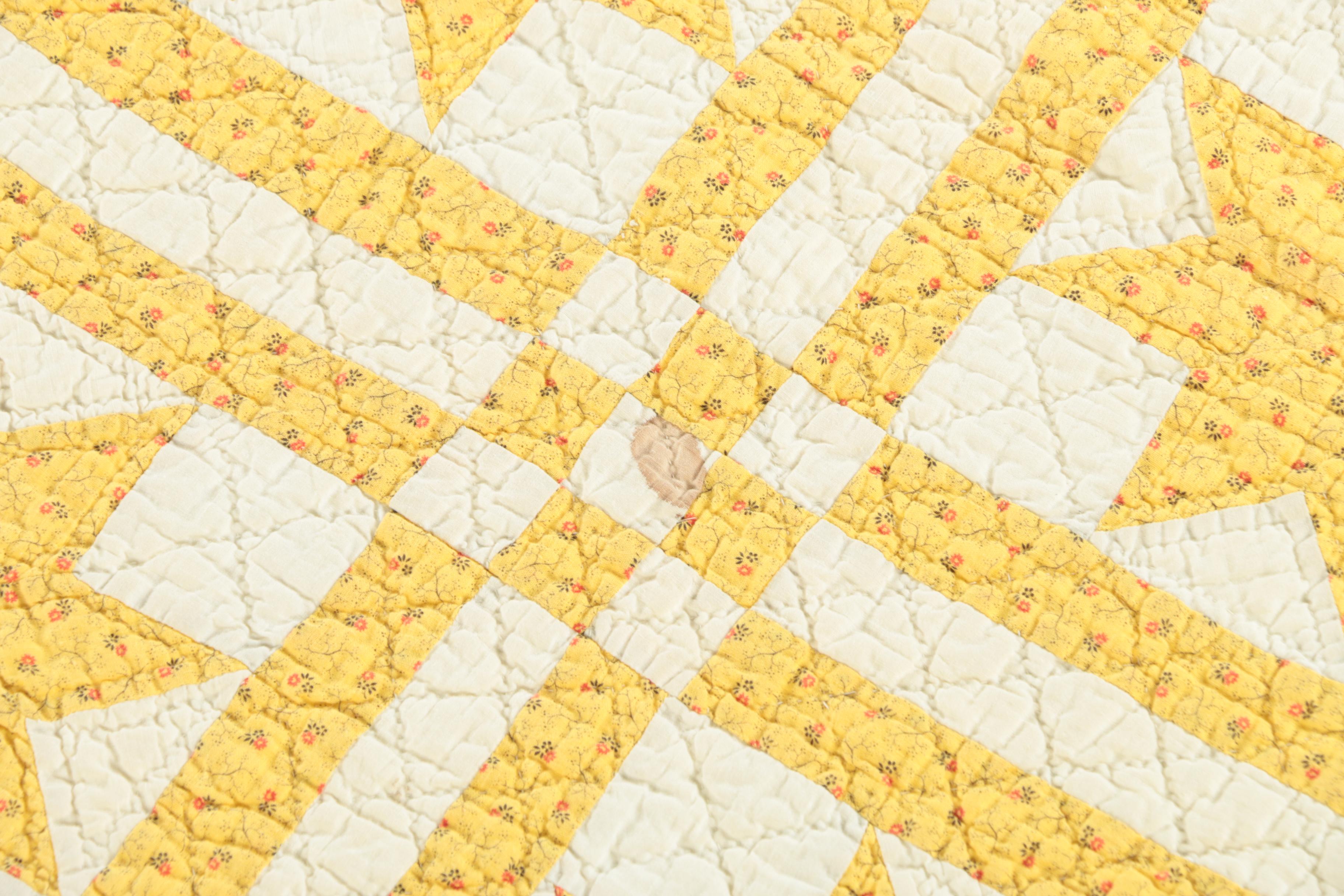Vintage Handmade Yellow Calico "Eight-Point Star" Quilt