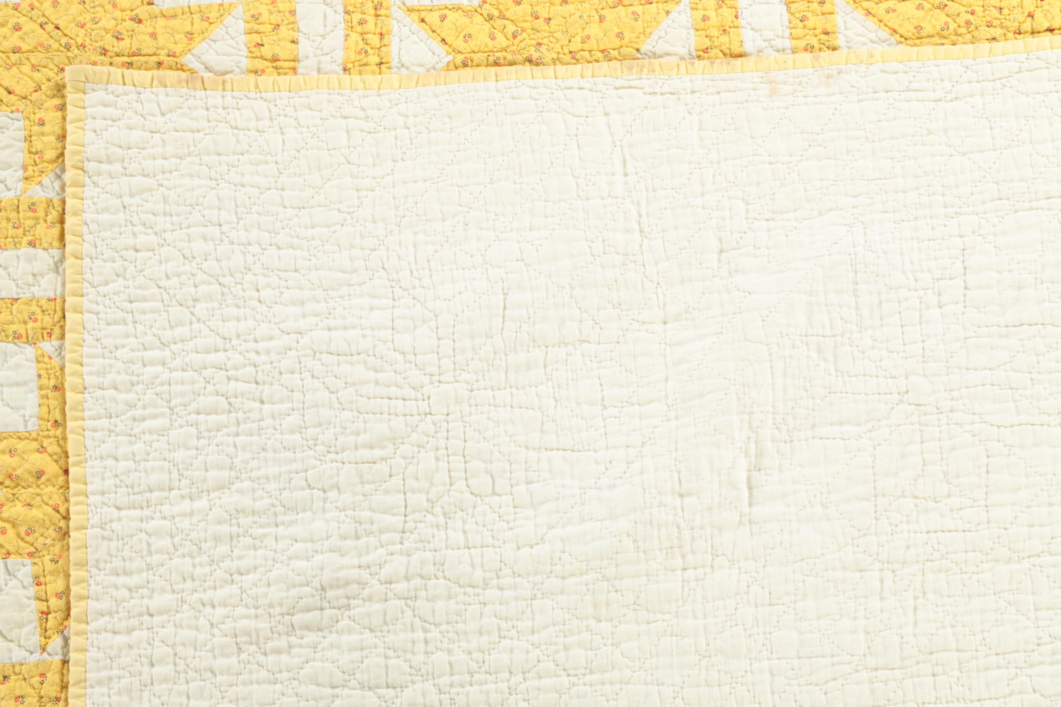 Vintage Handmade Yellow Calico "Eight-Point Star" Quilt