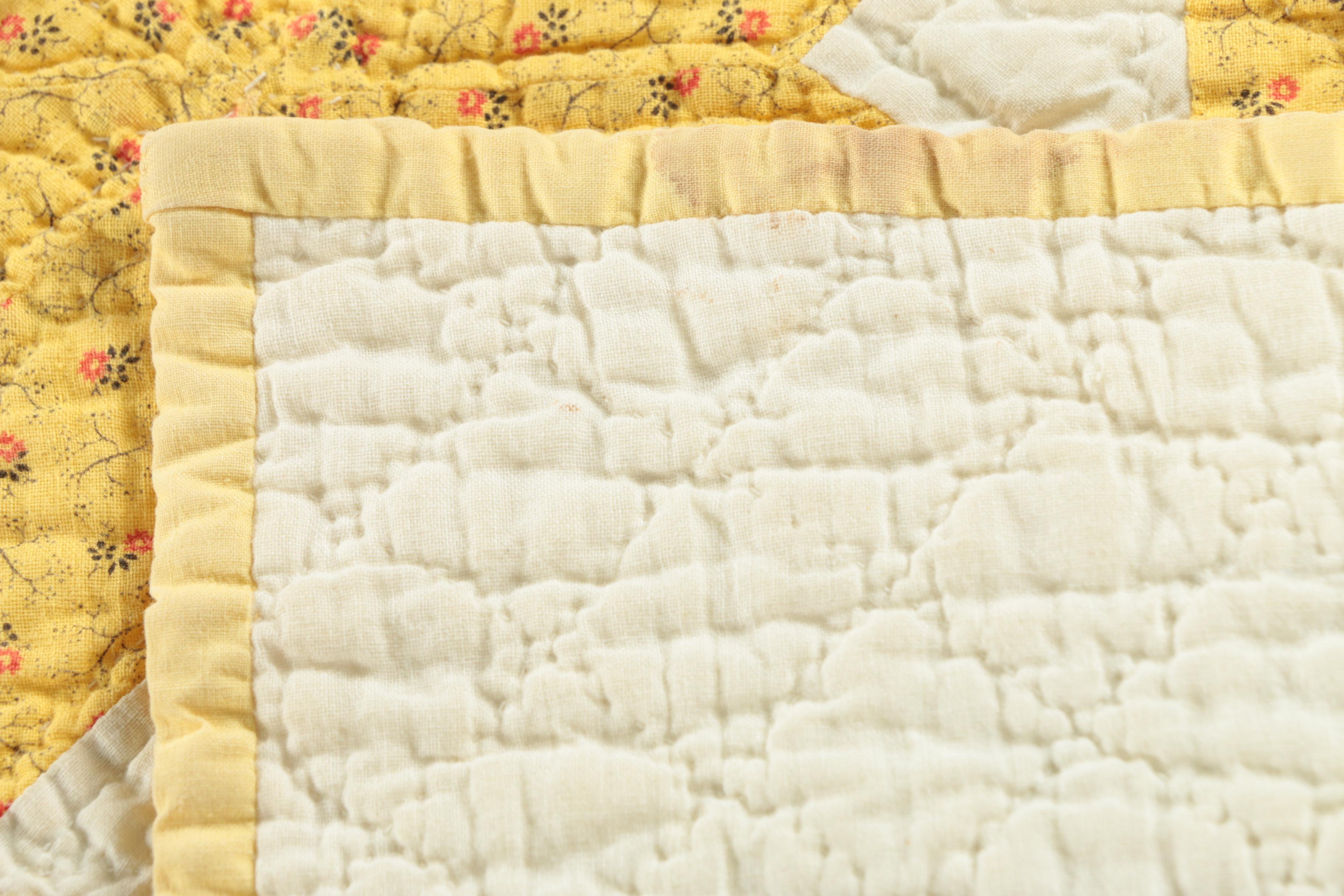 Vintage Handmade Yellow Calico "Eight-Point Star" Quilt