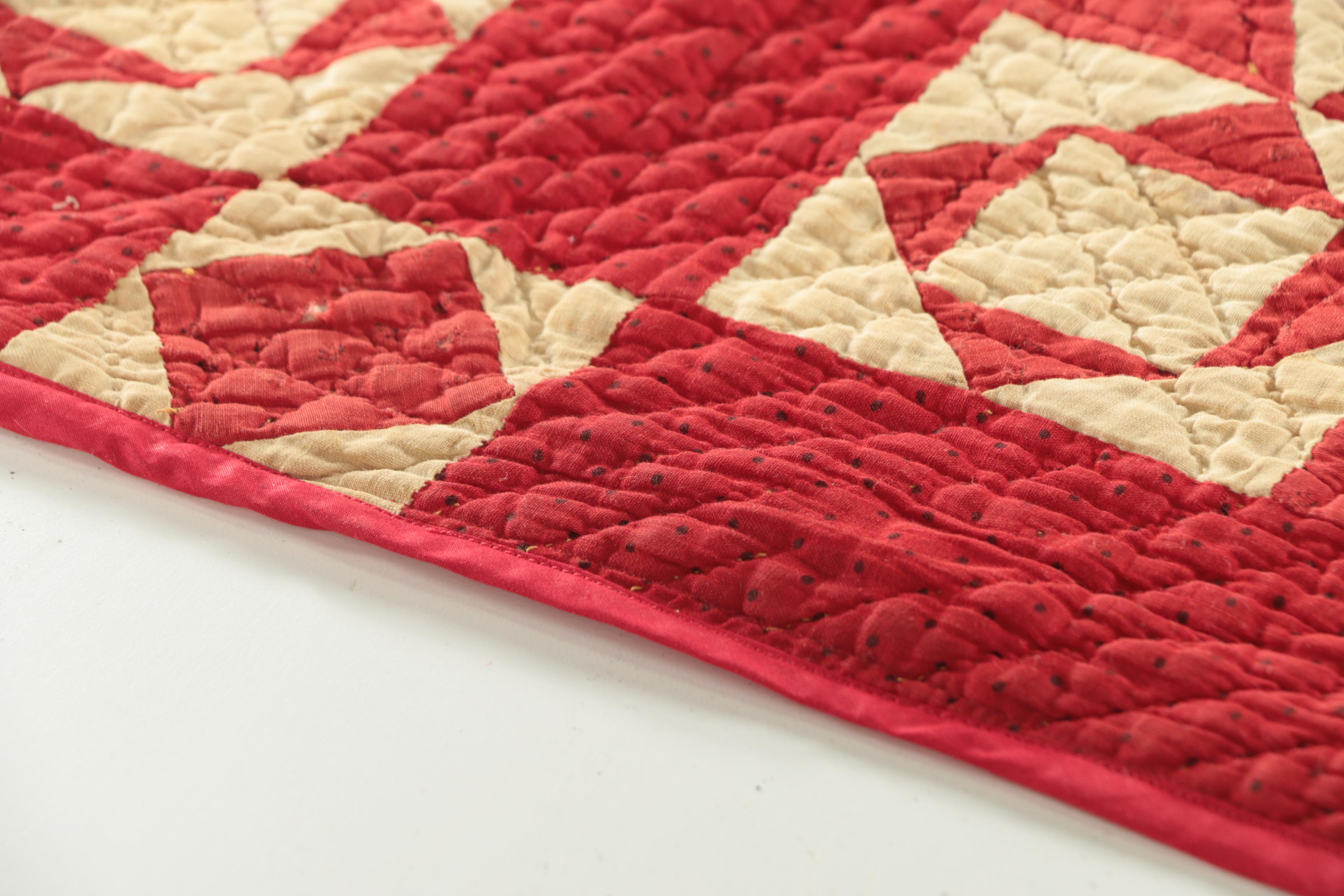 Antique Handmade Red And Cream Quilt